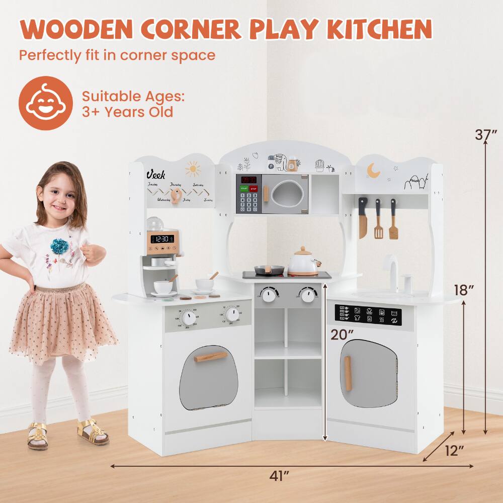 WOODEN CORNER PLAY KITCHEN  
Perfectly fit in corner space  

Suitable Ages:  
3+ Years Old  

37"  
41"  
20"  
18"  
12"