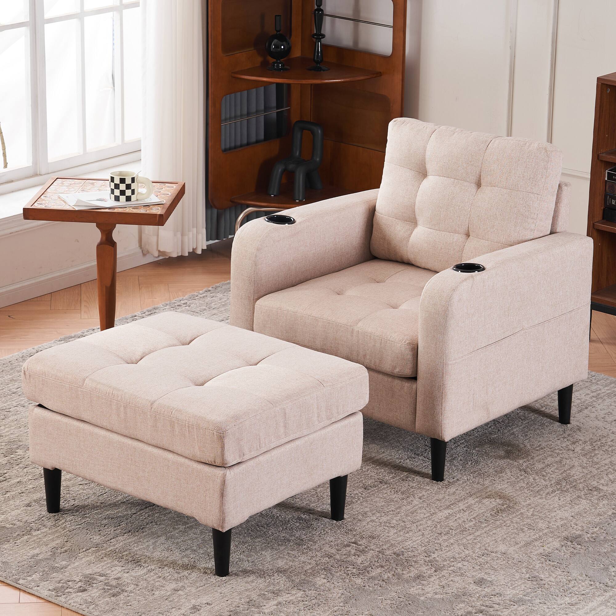 Angle. SlickBlue - Upholstered Armchair with Storage Ottoman and Cup Holders for Cozy Seating - Beige.