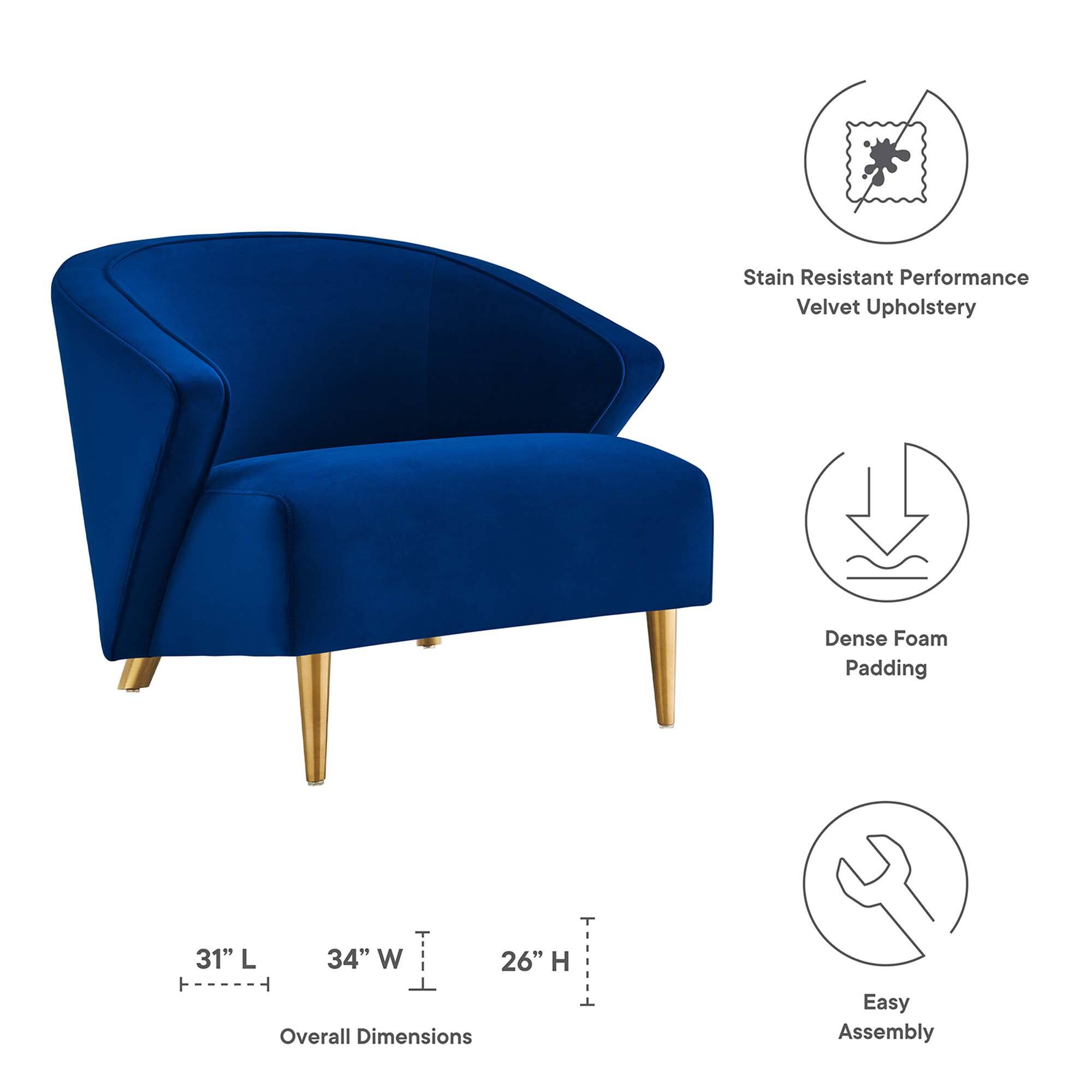 - Stain Resistant Performance Velvet Upholstery
- Dense Foam Padding
- Overall Dimensions: 31" L x 34" W x 26" H
- Easy Assembly