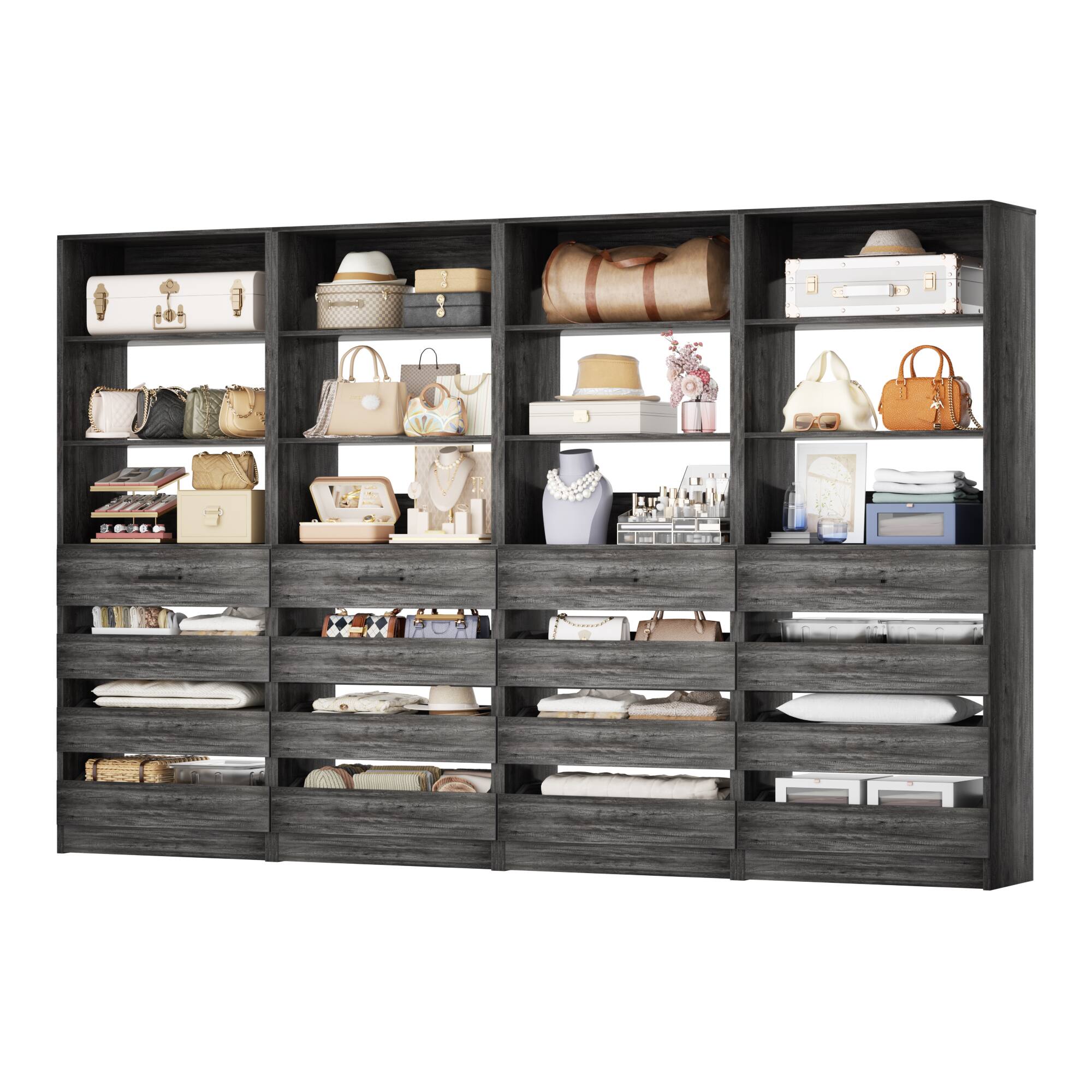 Alt View 1. Aheaplus - 4 Pack Wood Storage Organizer: 4 Drawers & 3 Shelves, Wall-Mountable for Kitchen,Living Room,Bedroom - Gray Oak.