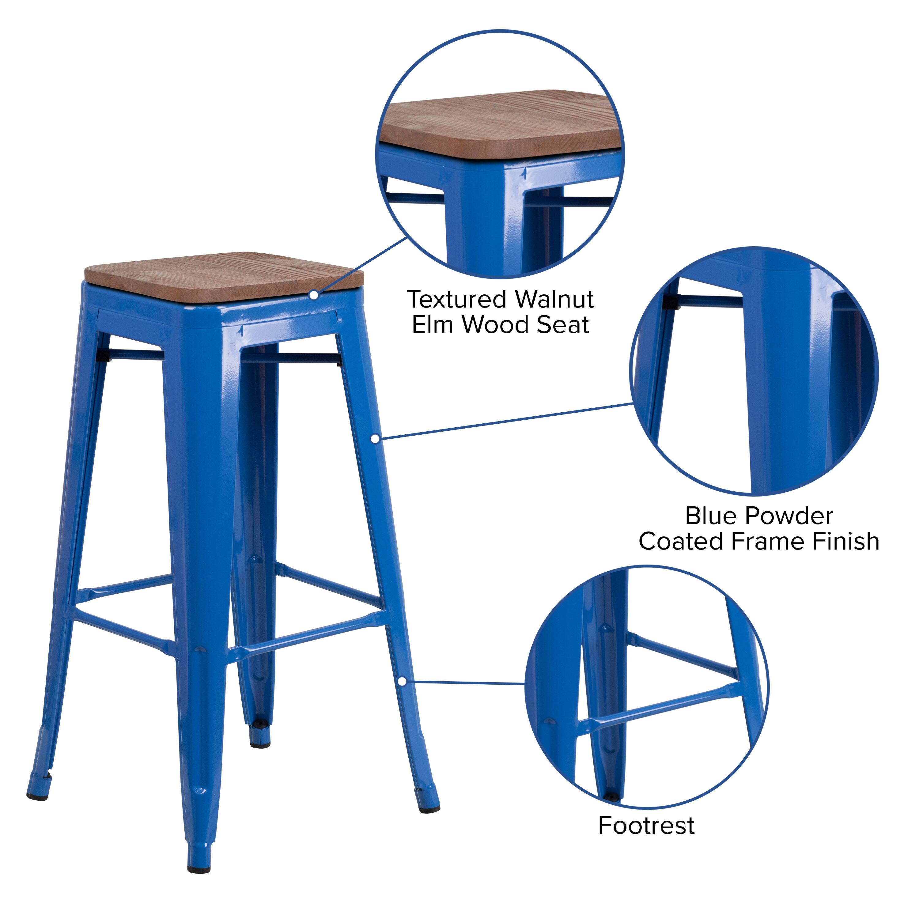 Textured Walnut Elm Wood Seat  
Blue Powder Coated Frame Finish  
Footrest