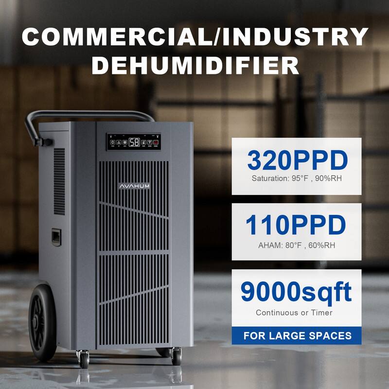 COMMERCIAL/INDUSTRY DEHUMIDIFIER

320PPD  
Saturation: 95°F, 90%RH

110PPD  
AHAM: 80°F, 60%RH

9000sqft  
Continuous or Timer

FOR LARGE SPACES