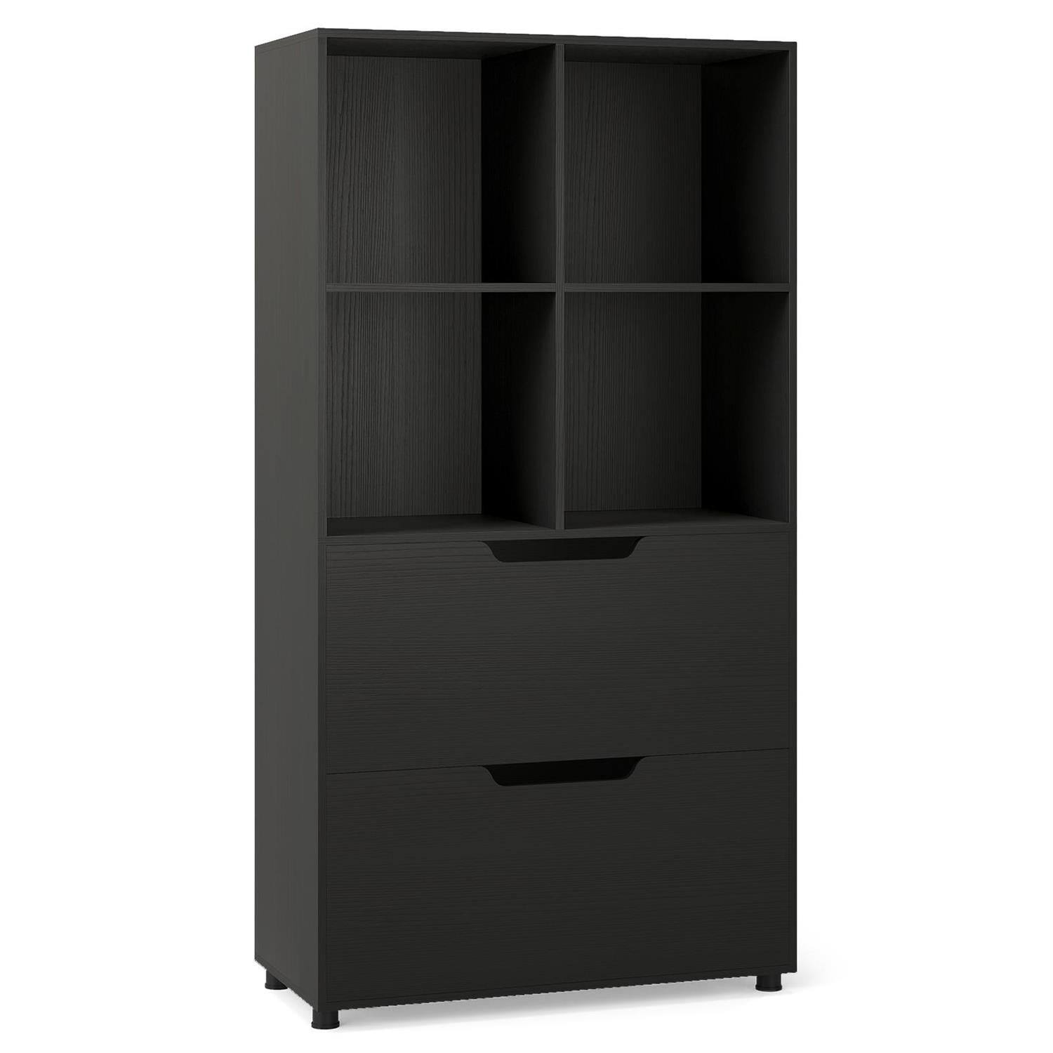 Back. Pefilos - 4-Cube Bookcase - 51-Inch Stable Structure, 2 Drawers Smooth Sliding, Freestanding, Black - Black.