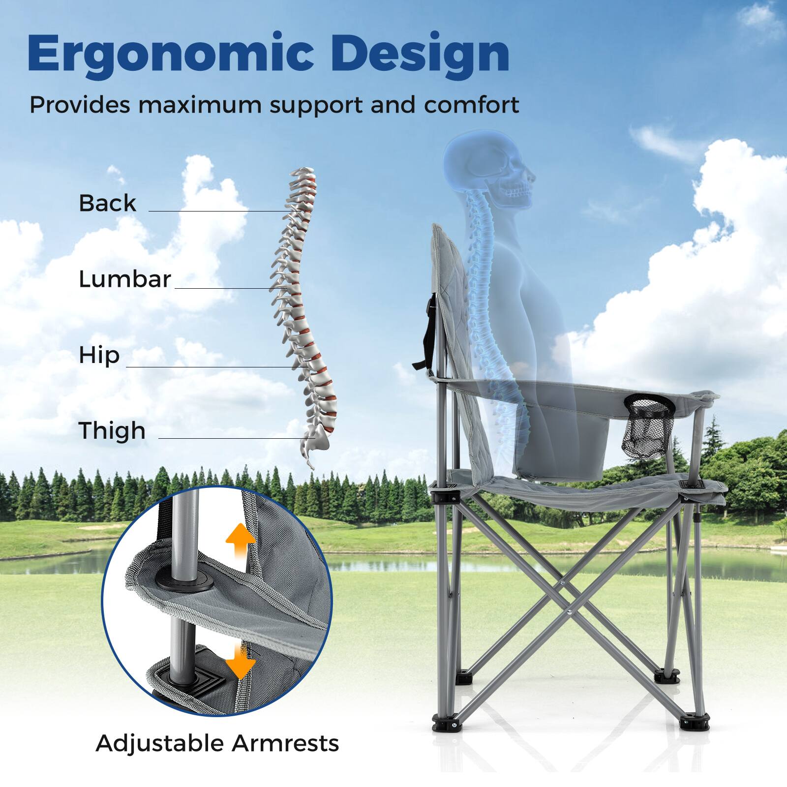 Ergonomic Design  
Provides maximum support and comfort  

- Back  
- Lumbar  
- Hip  
- Thigh  

Adjustable Armrests