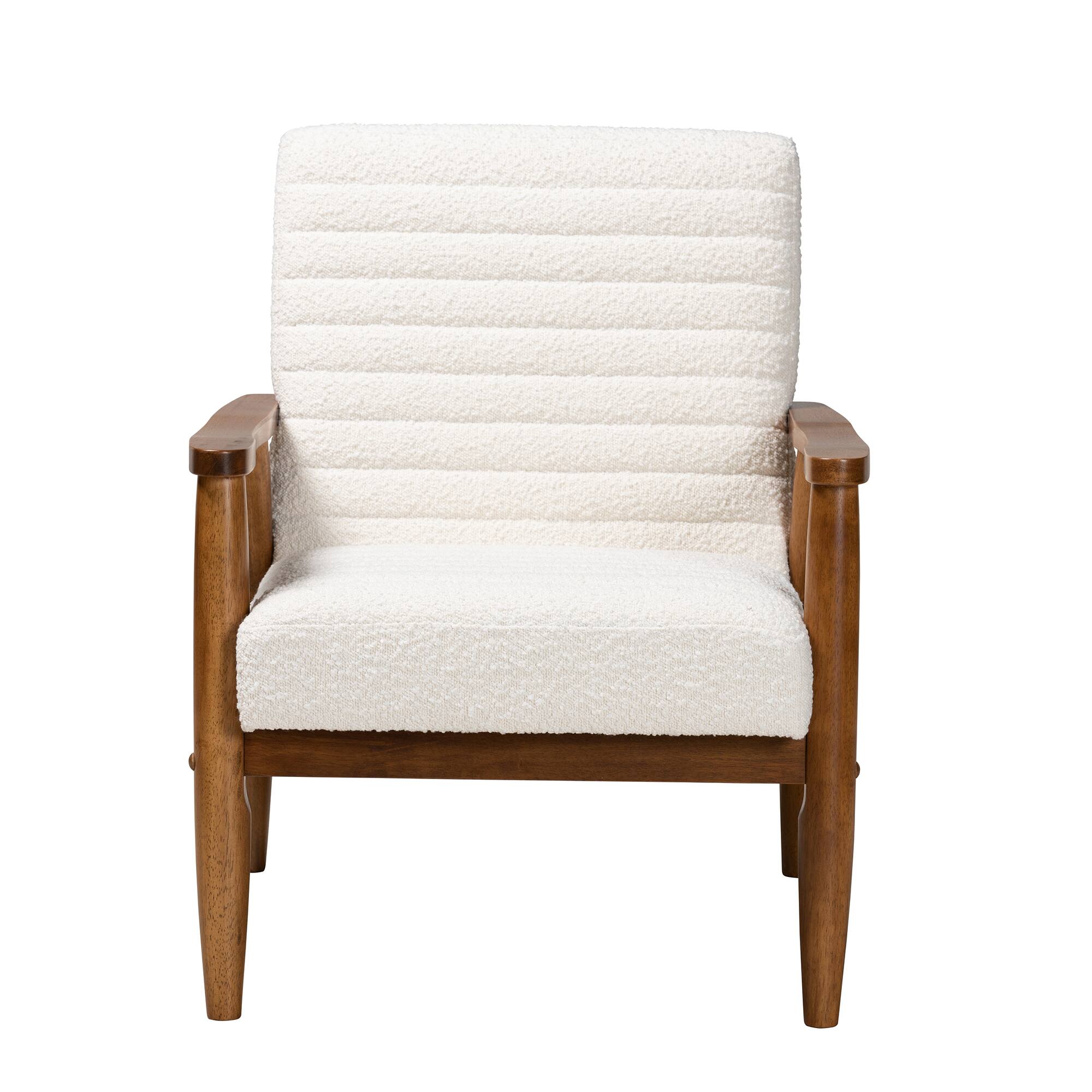 Angle. Baxton Studio - Stratton Mid-Century Modern Boucle Fabric and Walnut Finished Wood Armchair - Cream/Walnut Brown.