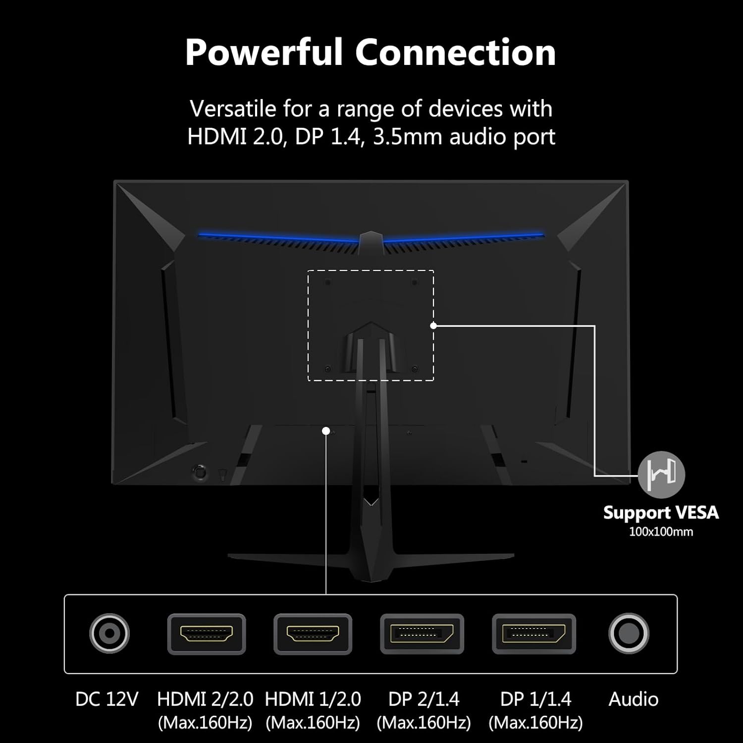 Powerful Connection Versatile for a range of devices with HDMI 2.0, DP 1.4, 3.5mm audio port Support VESA 100x100mm DC 12V HDMI 2/2.0 HDMI 1/2.0 DP 2/1.4 DP 1/1.4 Audio (Max.160Hz) (Max.160Hz) (Max.160Hz) (Max.160Hz)