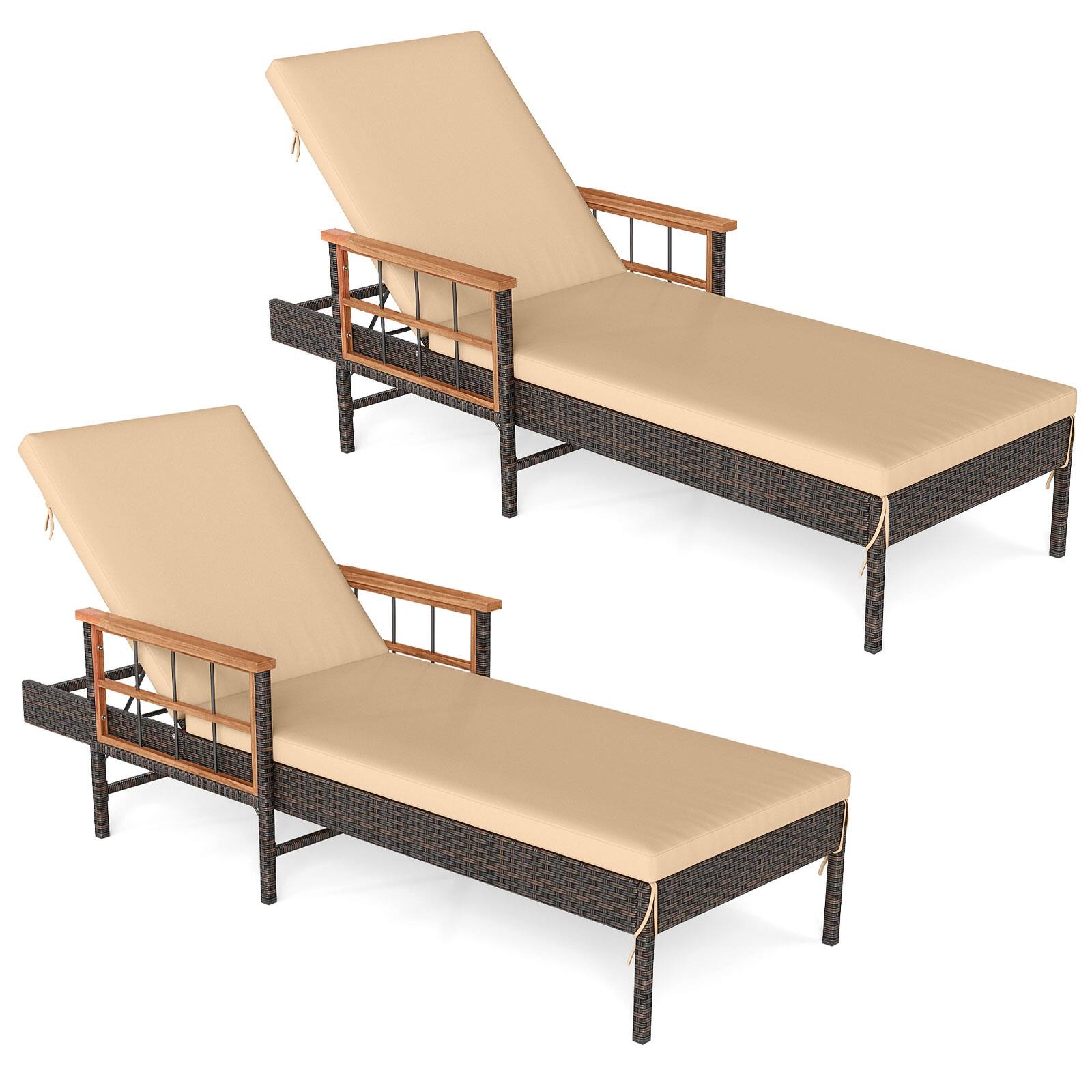 Front. Gymax - Gymax Set of 2 Patio Rattan Chaise Lounge Outdoor Reclining Lounger Chair w/ Wood Armrests White - Brown.