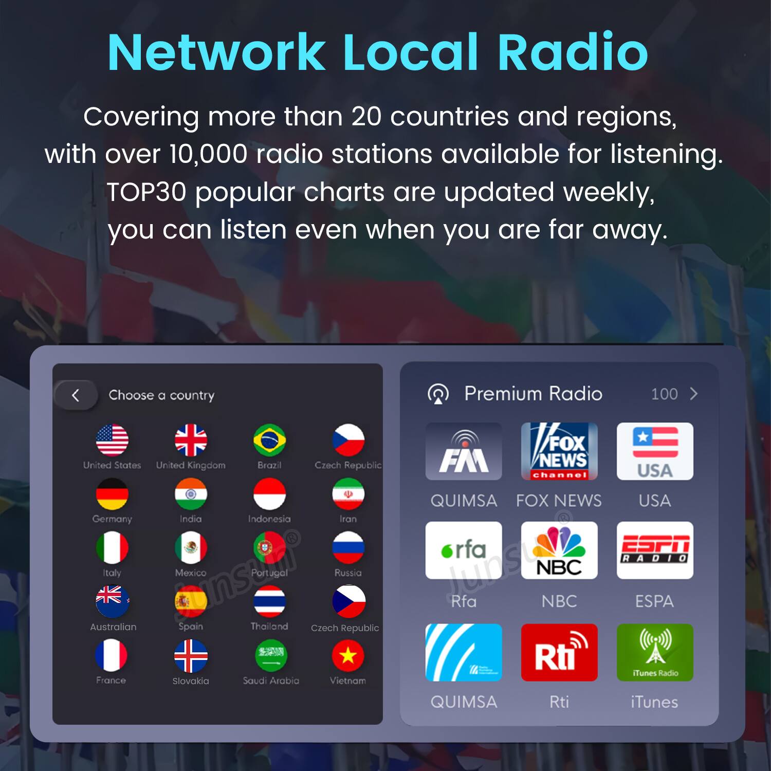 Network Local Radio

Covering more than 20 countries and regions, with over 10,000 radio stations available for listening. TOP30 popular charts are updated weekly, you can listen even when you are far away.

Choose a country:
- United States
- United Kingdom
- Brazil
- Czech Republic
- Germany
- India
- Indonesia
- Iran
- Italy
- Mexico
- Portugal
- Russia
- Australia
- Spain
- Thailand
- France
- Slovakia
- Saudi Arabia
- Vietnam

Premium Radio:
- FOX NEWS channel
- USA
- QUIMSA
- FOX NEWS USA
- Rfa
- NBC
- ESPN RADIO
- Rti
- iTunes Radio
- QUIMSA
- Rti
- iTunes
