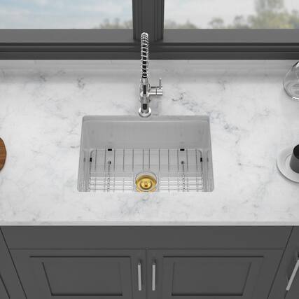 Front. Siljoy - 24" x 18" x 9" Undermount Single Bowl Porcelain Ceramic Kitchen Sink - Dual Mount Rectangular Deep Single Bowl Basin - White.