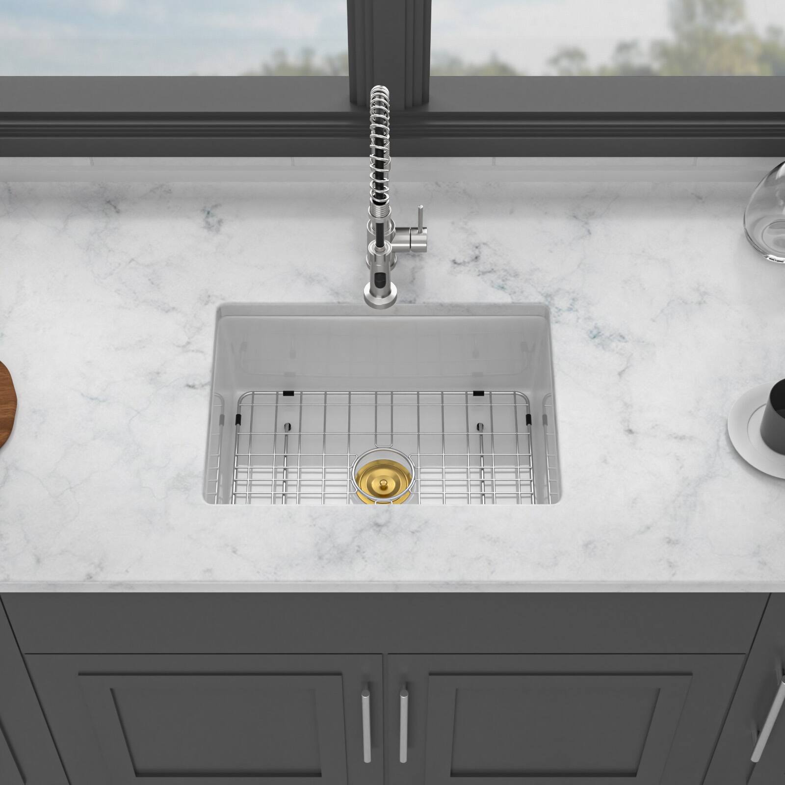 Front. Siljoy - 24" x 18" x 9" Undermount Single Bowl Porcelain Ceramic Kitchen Sink - Dual Mount Rectangular Deep Single Bowl Basin - White.