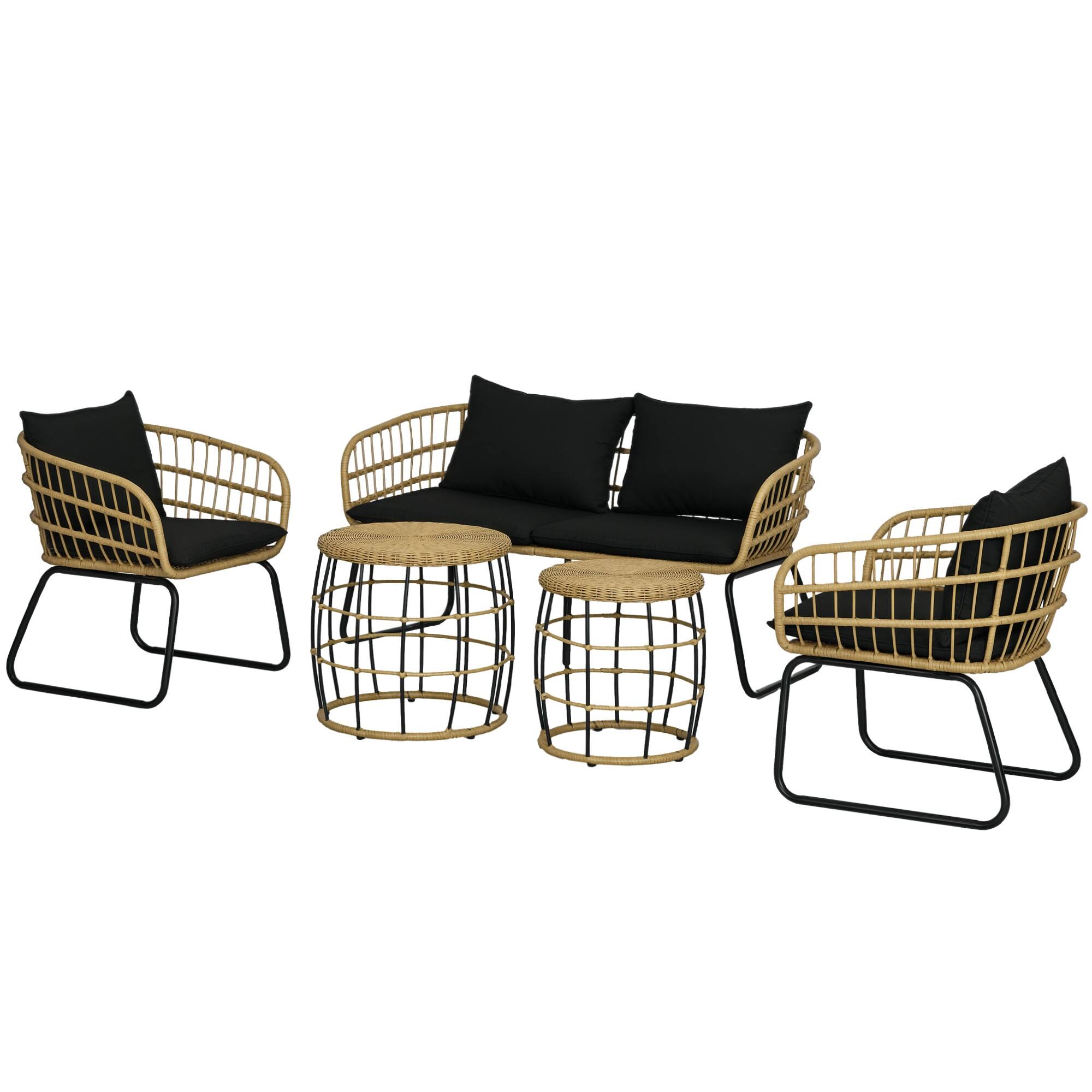 Outsunny - 5 Piece PE Rattan Outdoor Furniture Set with Cushioned Chairs & Loveseat Sofa, Patio Sectional Furniture Set - Black
