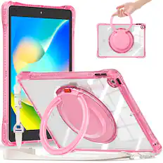 Front. Dteck - for Apple iPad (9th Generation) 10.2" 2021&8th Gen 2020&7th Gen 2019 Case,Clear Rugged Stand Handle Cover+Shoulder Strap - Rose.