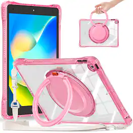 Dteck - for Apple iPad (9th Generation) 10.2" 2021&8th Gen 2020&7th Gen 2019 Case,Clear Rugged Stand Handle Cover+Shoulder Strap - Rose
