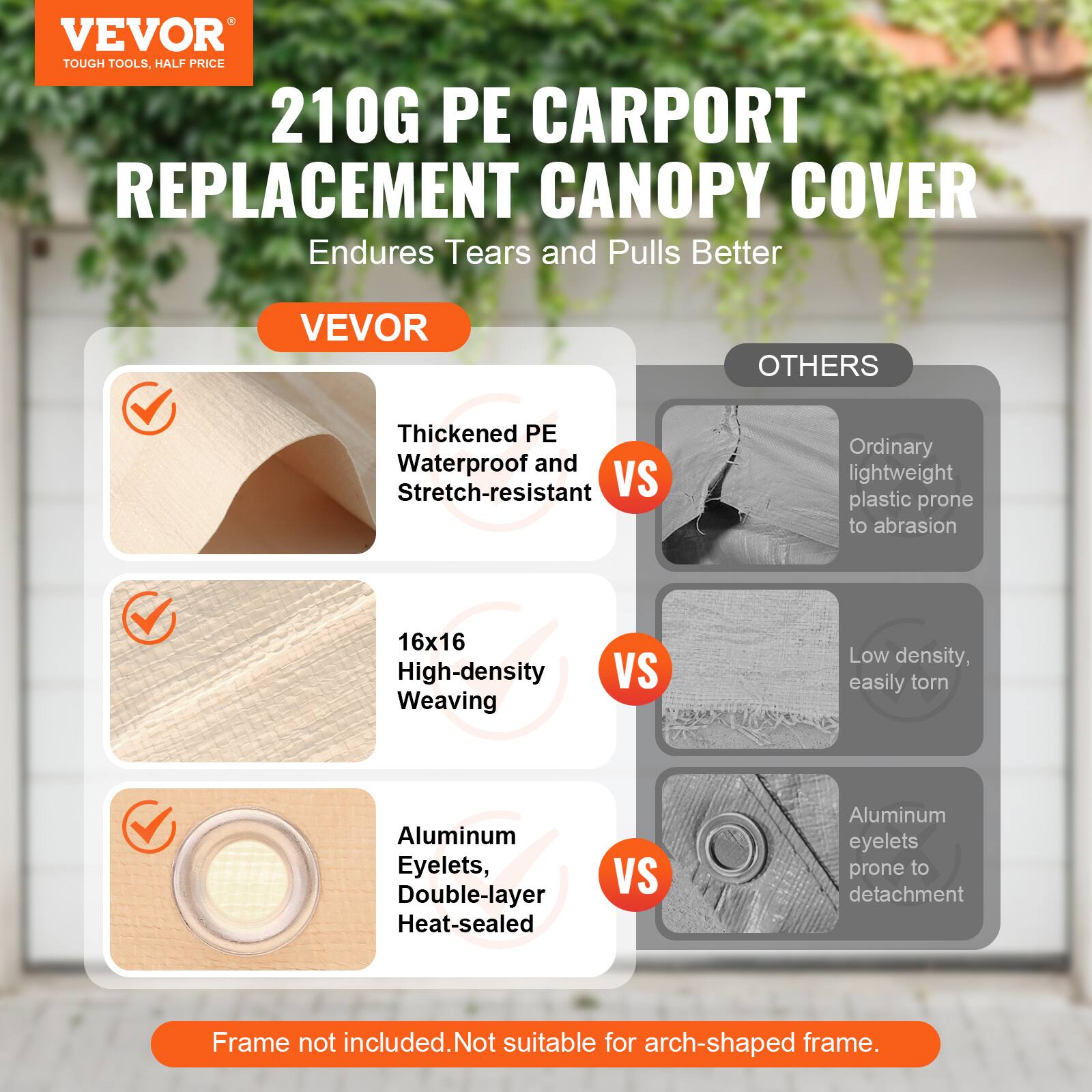 VEVOR TOUGH TOOLS, HALF PRICE 210G PE CARPORT REPLACEMENT CANOPY COVER Endures Tears and Pulls Better
VEVOR
Thickened PE Waterproof and Stretch-resistant VS Ordinary lightweight plastic prone to abrasion
16x16 High-density Weaving VS Low density, easily torn
Aluminum Eyelets, Double-layer Heat-sealed VS Aluminum eyelets prone to detachment
Frame not included. Not suitable for arch-shaped frame.