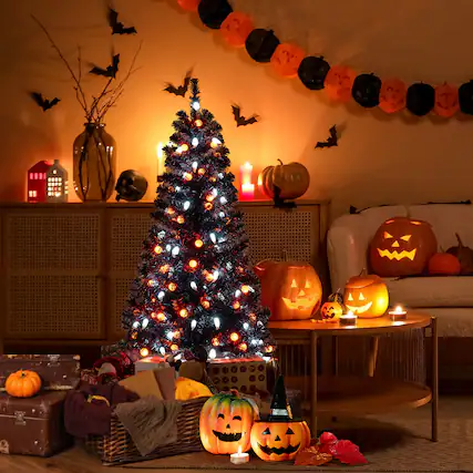 Front. Gymax - Gymax 4.5 FT Pre-Lit Artificial Halloween Christmas Tree w/ 6 Lighting Modes - Black.