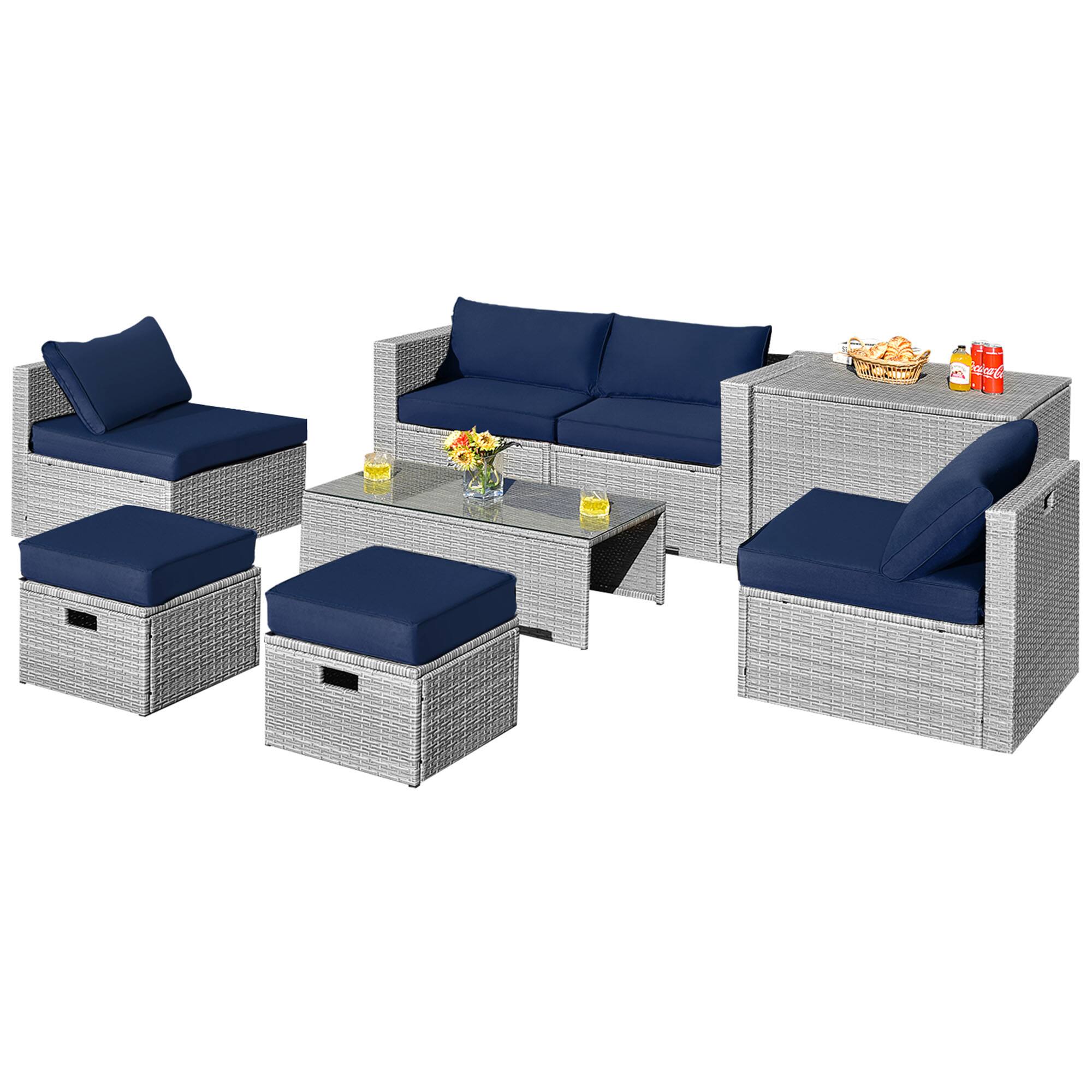 Alt View 1. Gymax - Gymax 8PCS Rattan Patio Space-Saving Furniture Set w/ Waterproof Cover & Navy Cushions - Navy.