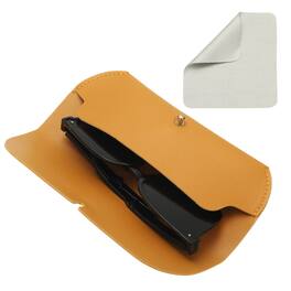 Unique Bargains - Leather Eyeglass Case 7.1x1.2x2.9" Portable Pouch with Strap & Cleaning Cloth - Yellow