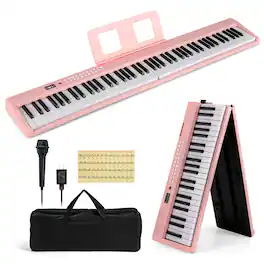 Costway - 88 Key Folding Piano Keyboard with Wireless MIDI Dual Speakers 1000 Timbres - Pink