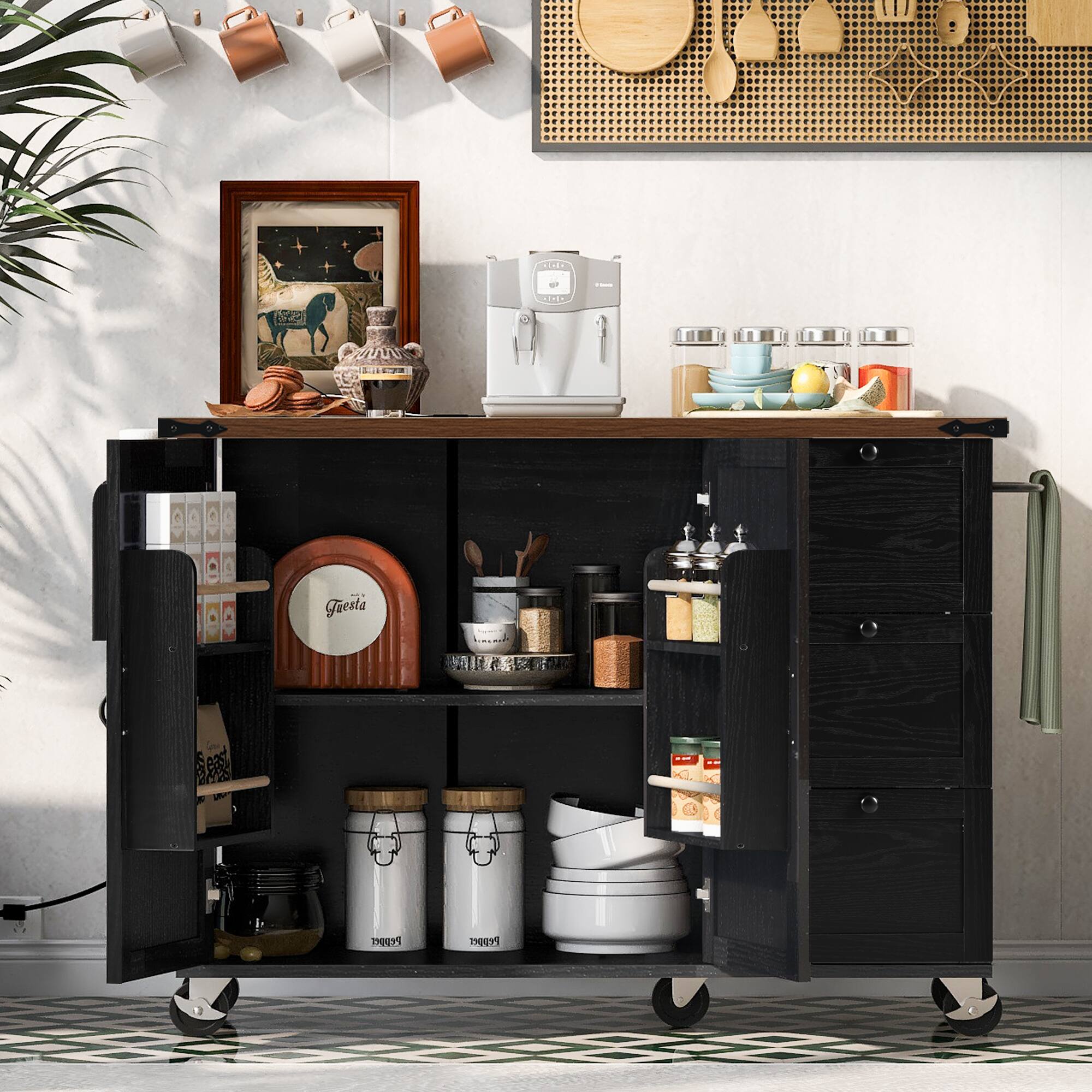 PexFix - 54.5" Farmhouse Kitchen Island Cart with Built-in Power Outlet, Drop Leaf and Rolling Casters - Black