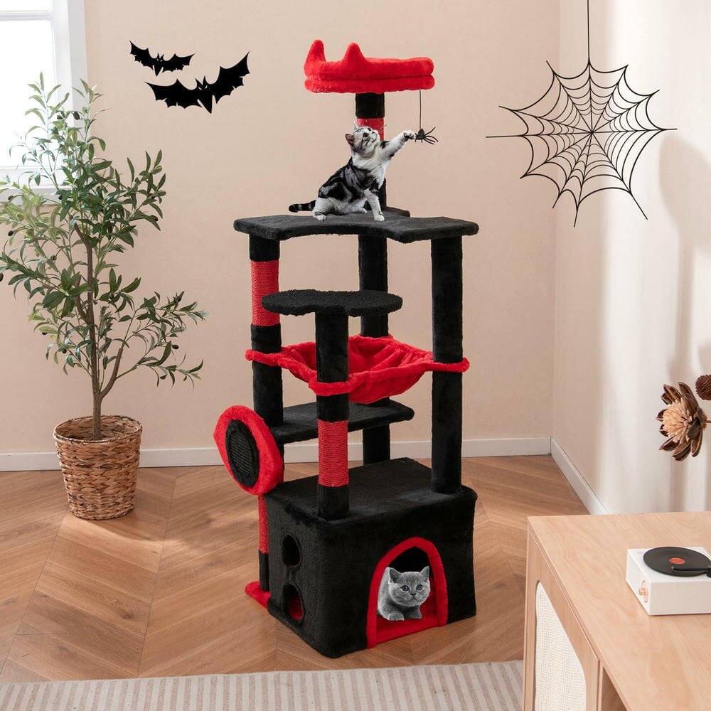 Angle. Kadyn - Gothic Style Cat Tree with Plush Perch and Spider Toy, Black & Red - Black.