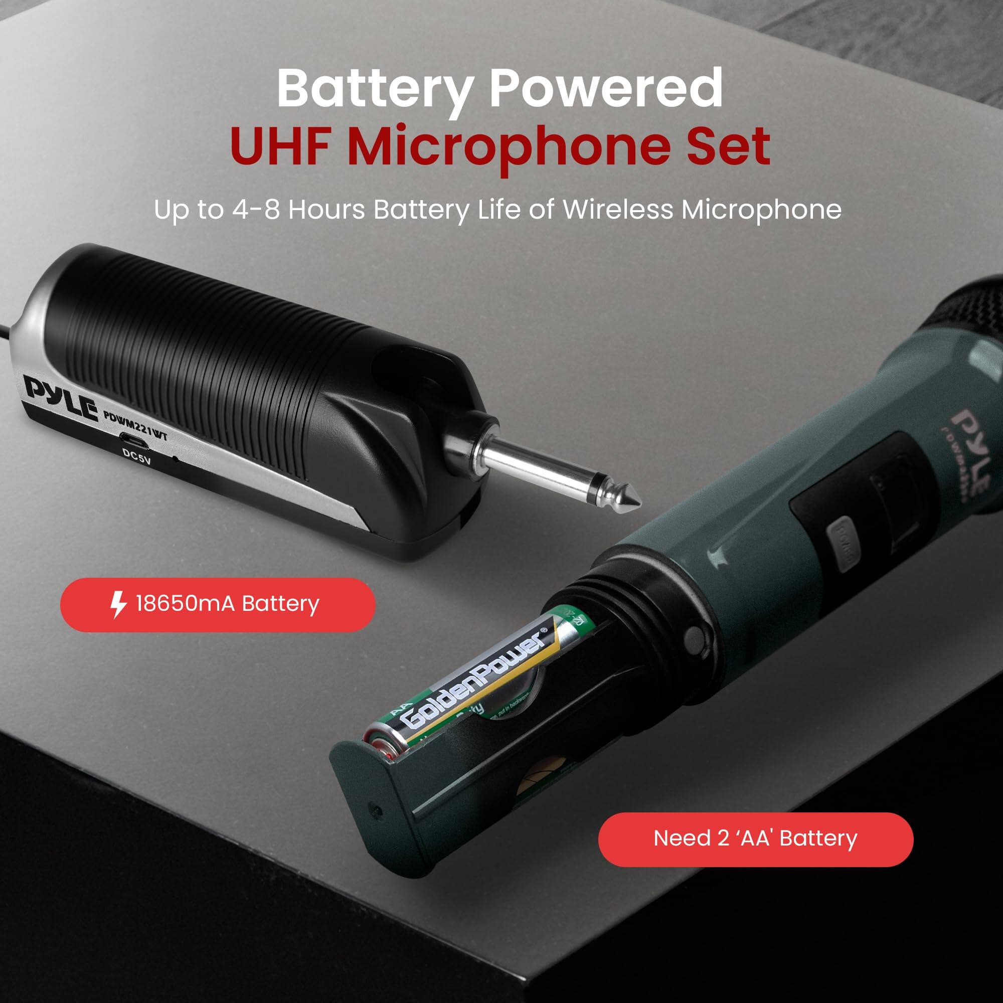 Battery Powered UHF Microphone Set  
Up to 4-8 Hours Battery Life of Wireless Microphone  

18650mA Battery  

Need 2 'AA' Battery