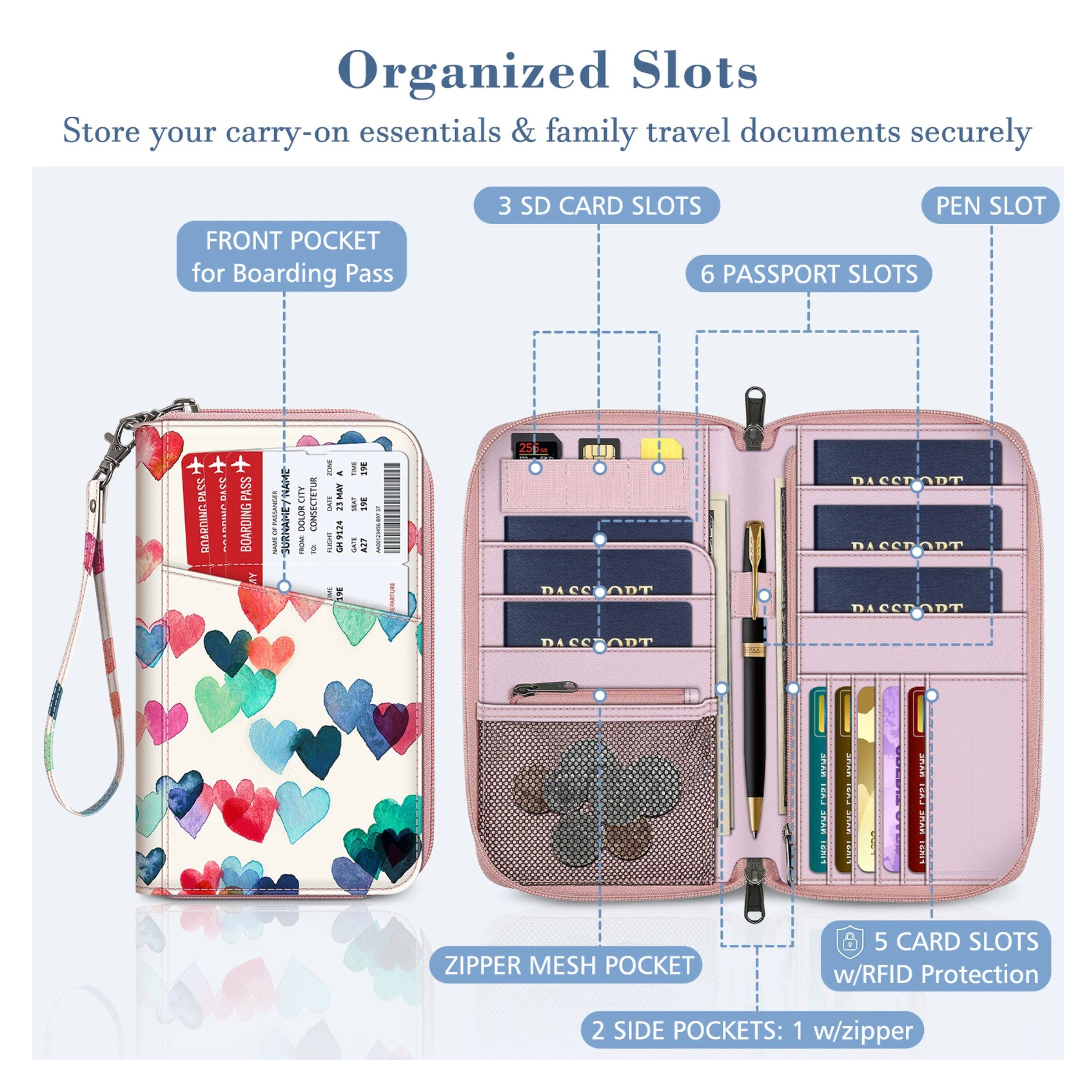 Organized Slots  
Store your carry-on essentials & family travel documents securely  

FRONT POCKET for Boarding Pass  
3 SD CARD SLOTS  
PEN SLOT  
6 PASSPORT SLOTS  

ZIPPER MESH POCKET  
5 CARD SLOTS w/RFID Protection  
2 SIDE POCKETS: 1 w/zipper