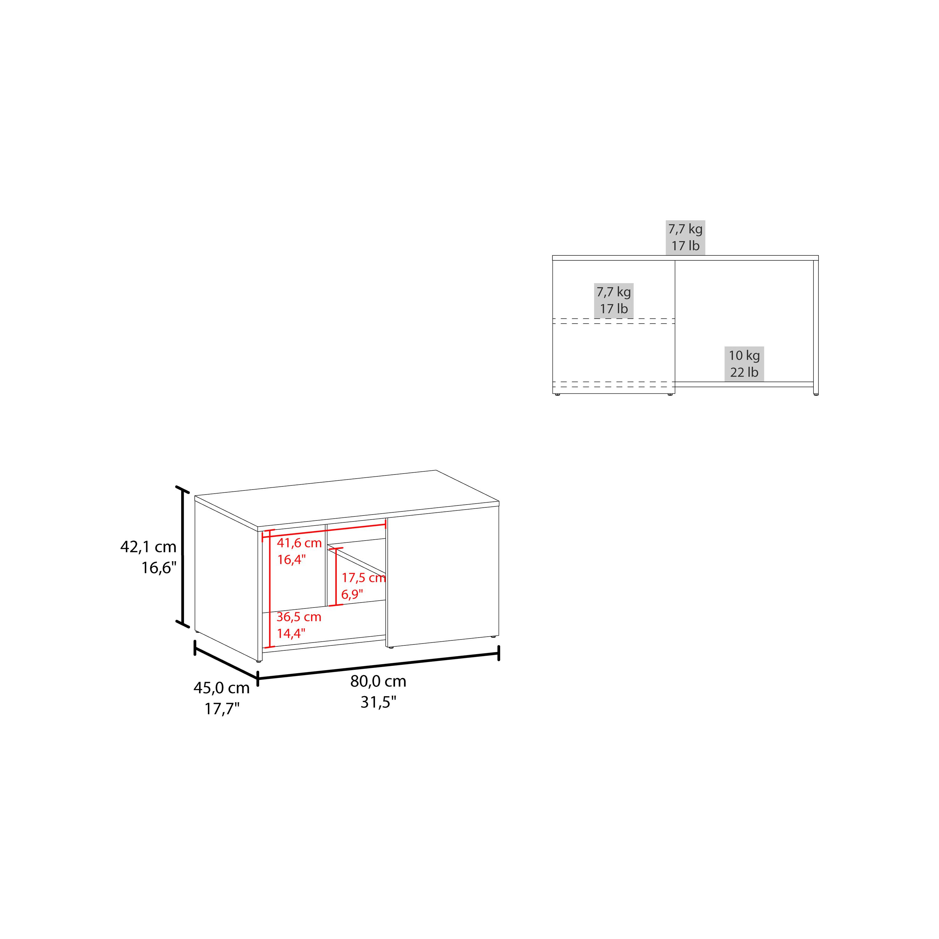 7.7 kg  
17 lb  

10 kg  
22 lb  

42.1 cm  
16.6"  

41.6 cm  
16.4"  

36.5 cm  
14.4"  

17.5 cm  
6.9"  

45.0 cm  
17.7"  

80.0 cm  
31.5"  

45.0 cm  
17.7"  

80.0 cm  
31.5"