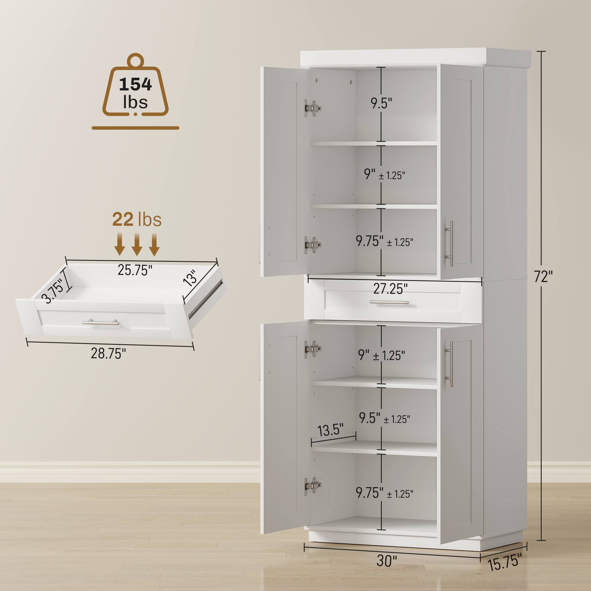 154 lbs  
1 9.5" 9" 1.25" 22 lbs 9.75" 1.25" 3.75" 25.75" 13" 27.25" 72" 28.75" 9" 1.25" 9.5" 1.25" 13.5" 9.75" 1.25" 30" 15.75"