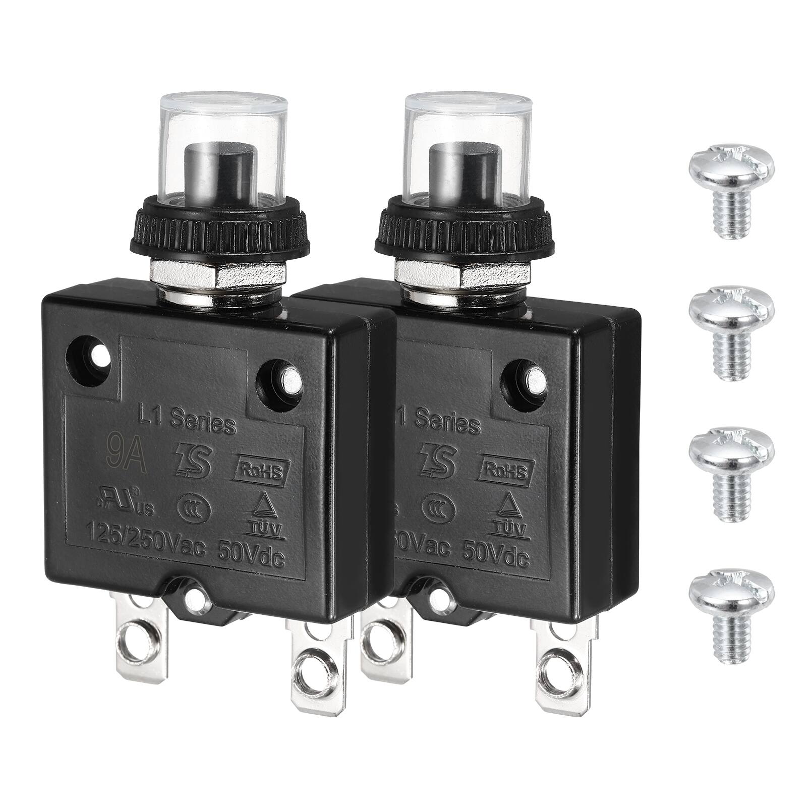 Unique Bargains - 2Set Thermal Circuit Breaker 9A 125/250V AC50V DC Push Button Manual Reset Overload Protector w Waterproof Caps Screws - Black price history on PriceWatchPro