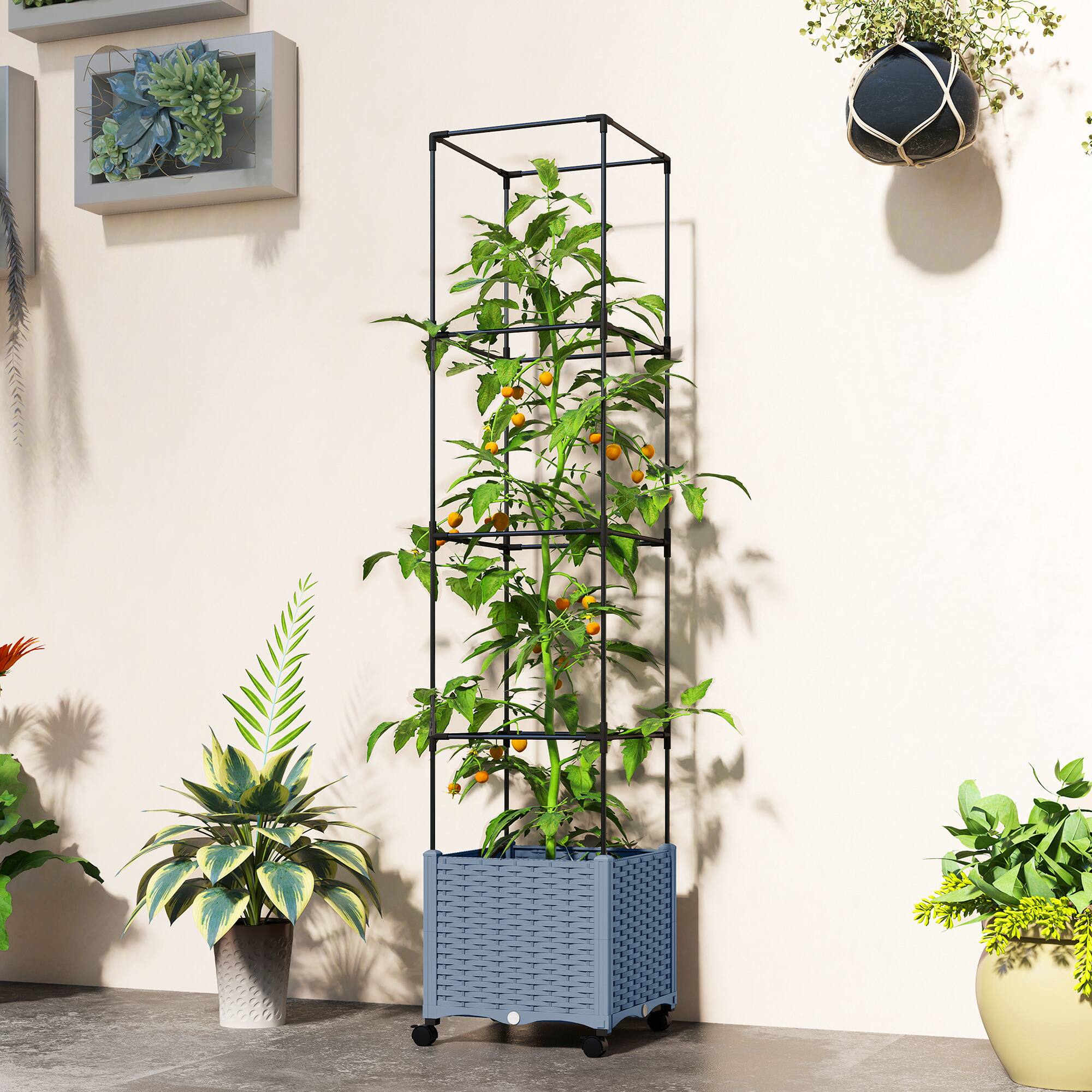 Alt View 1. Outsunny - Garden Bed with Trellis, Tomato Cage with Lockable Wheels.