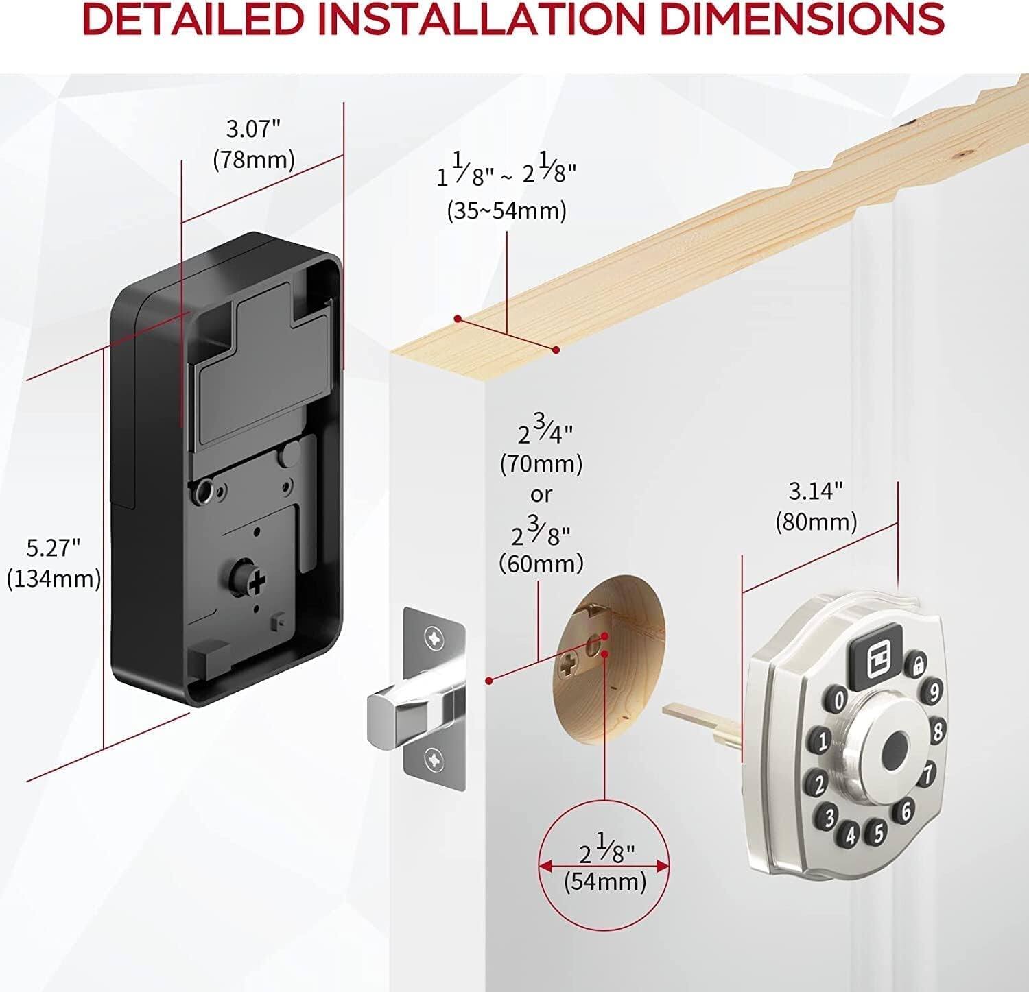 DETAILED INSTALLATION DIMENSIONS

- 3.07" (78mm)
- 5.27" (134mm)
- 1 1/8" ~ 2 3/4" (35~70mm) or 2 3/8" (60mm)
- 3.14" (80mm)
- 2 1/8" (54mm)