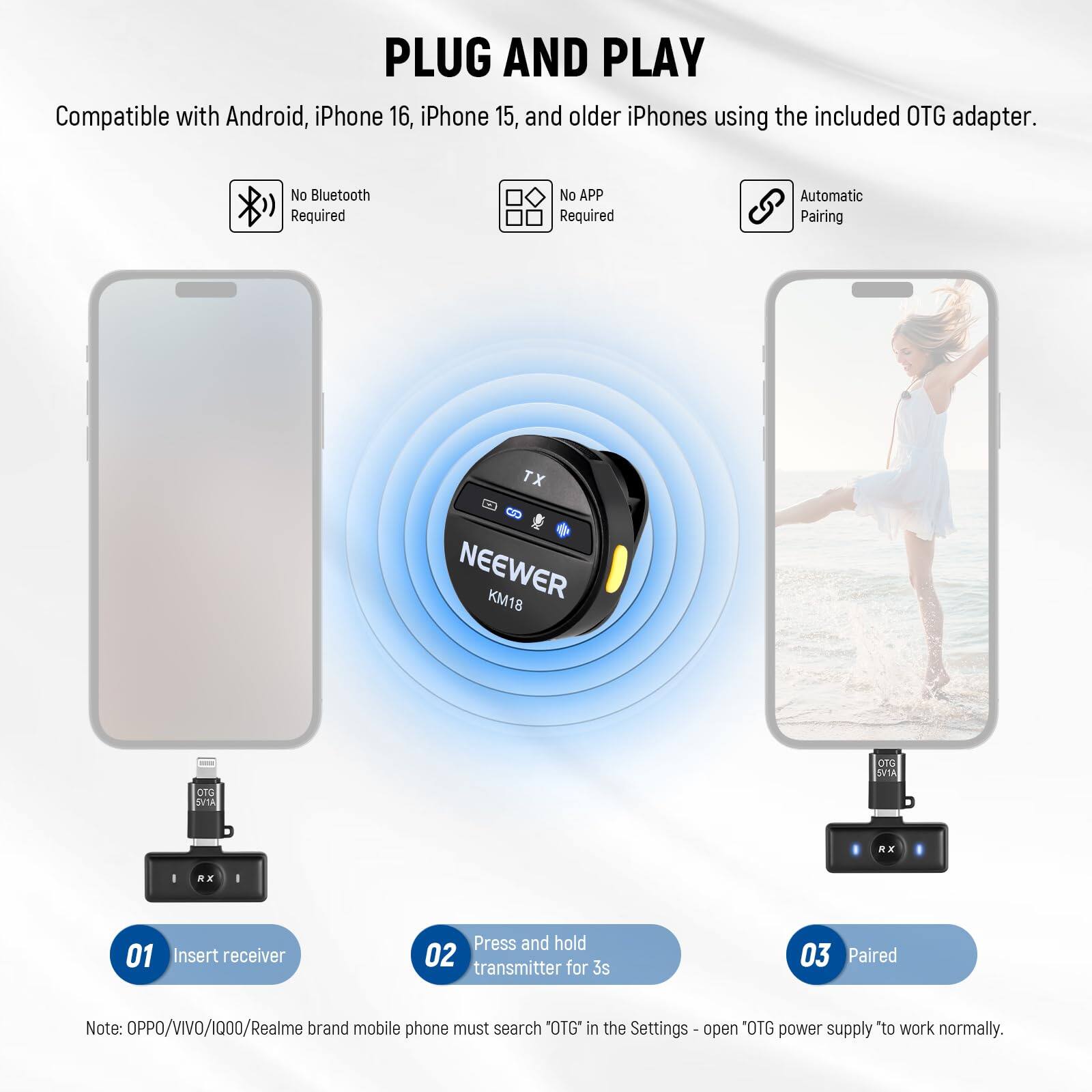 PLUG AND PLAY  
Compatible with Android, iPhone 16, iPhone 15, and older iPhones using the included OTG adapter.  
No Bluetooth Required  
No APP Required  
Automatic Pairing  

TX NEEWER KM18 OTG TVA OTG OVIA R RX  

01 Insert receiver  
02 Press and hold transmitter for 3s  
03 Paired  

Note: OPPO/VIVO/I000/Realme brand mobile phone must search "OTG" in the Settings - open "OTG power supply" to work normally.