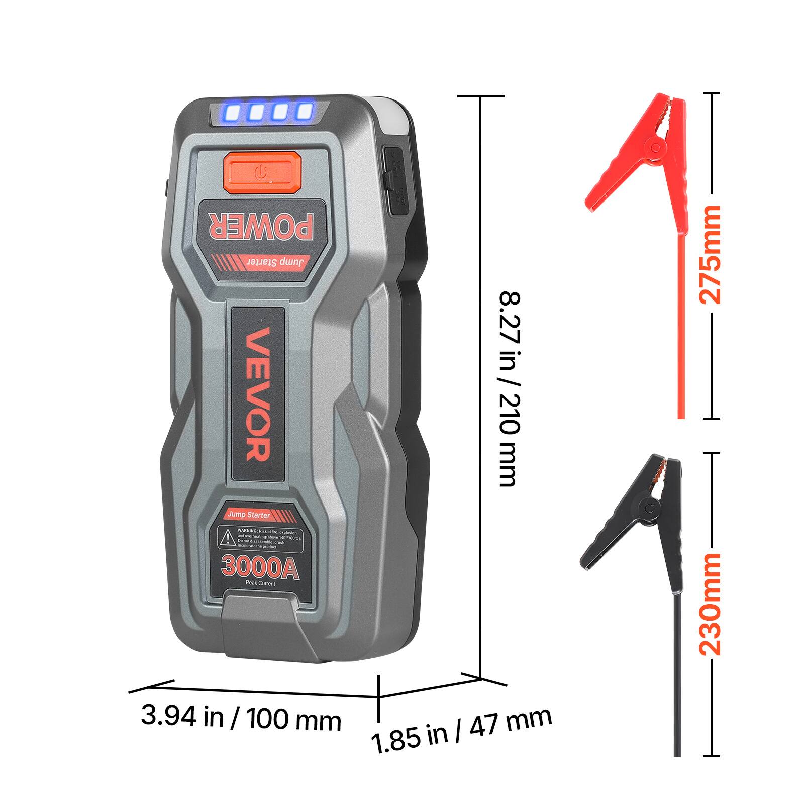 POWER Starter Jump 8.27 in / 210 mm VEVOR 210 mm Jump Starter - 3000A Peak Current 3.94 in / 100 mm 1.85 in / 47 mm 275mm 230mm
