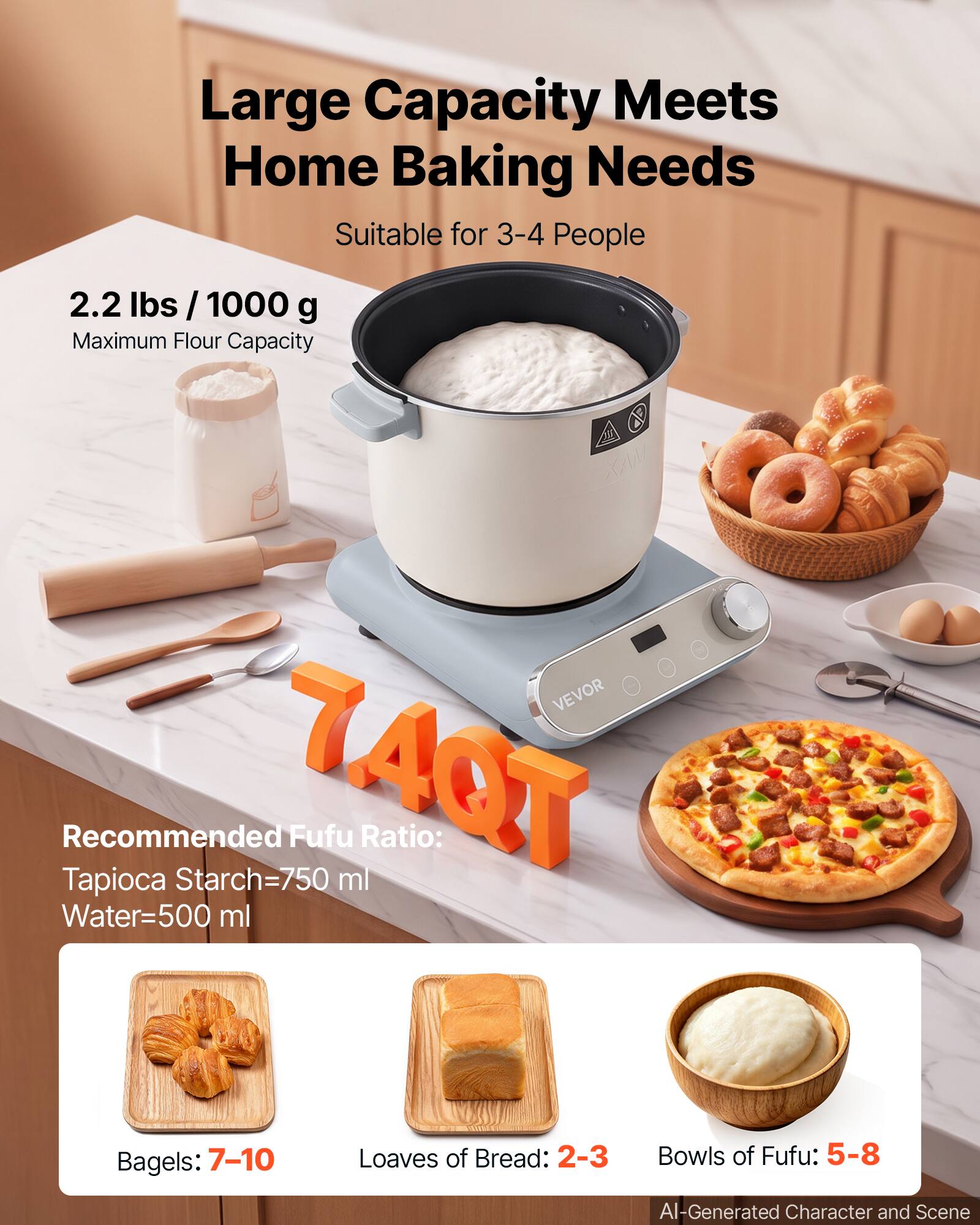 Large Capacity Meets Home Baking Needs  
Suitable for 3-4 People  

2.2 lbs / 1000 g Maximum Flour Capacity  

Recommended Fufu Ratio:  
Tapioca Starch=750 ml  
Water=500 ml  

Bagels: 7-10  
Loaves of Bread: 2-3  
Bowls of Fufu: 5-8  

AI-Generated Character and Scene