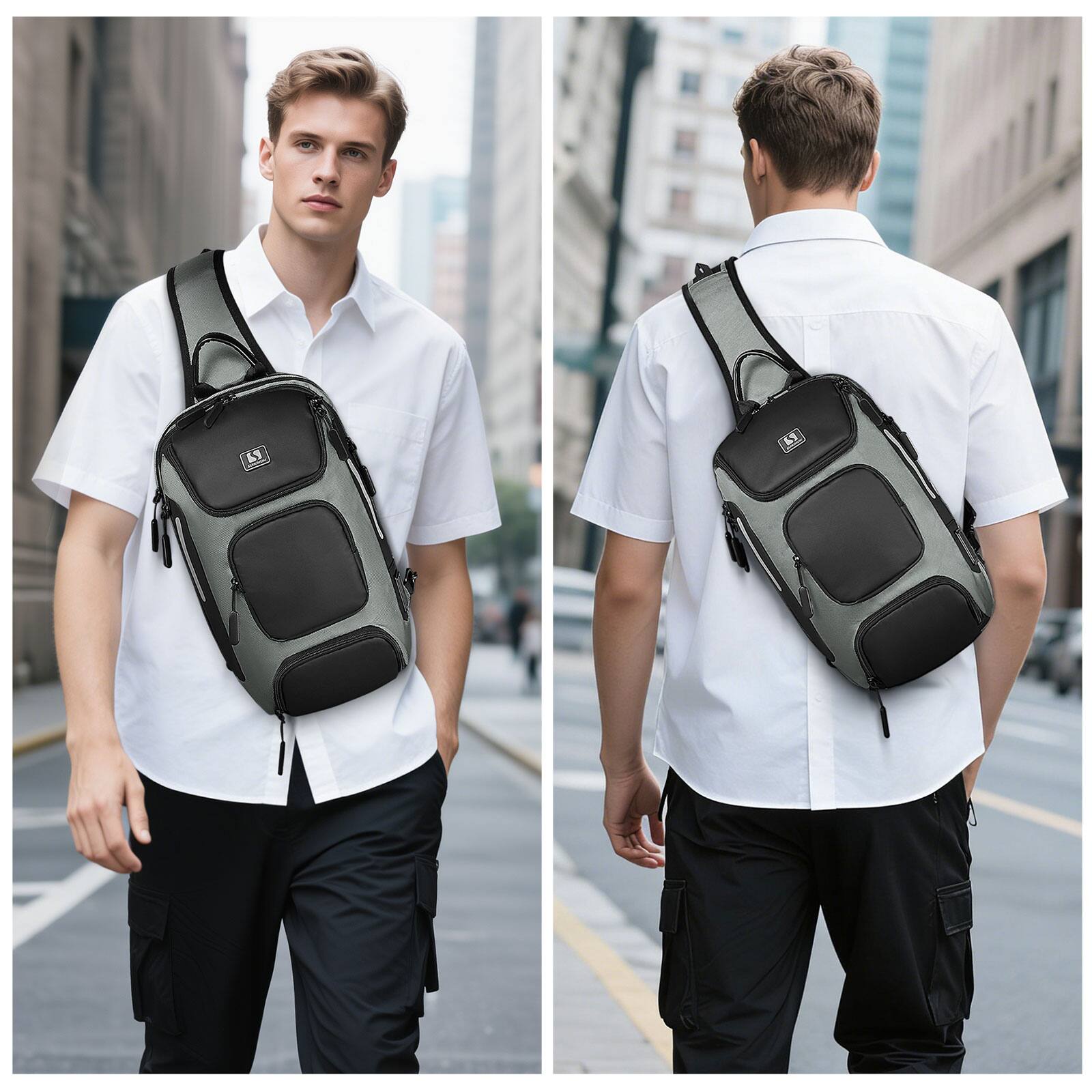 Alt View 5. Unique Bargains - Sling Bag for Men Anti Theft Mini Backpack with USB Charge Port Lightweight Convertible Crossbody One Strap Casual Pack - Grey.