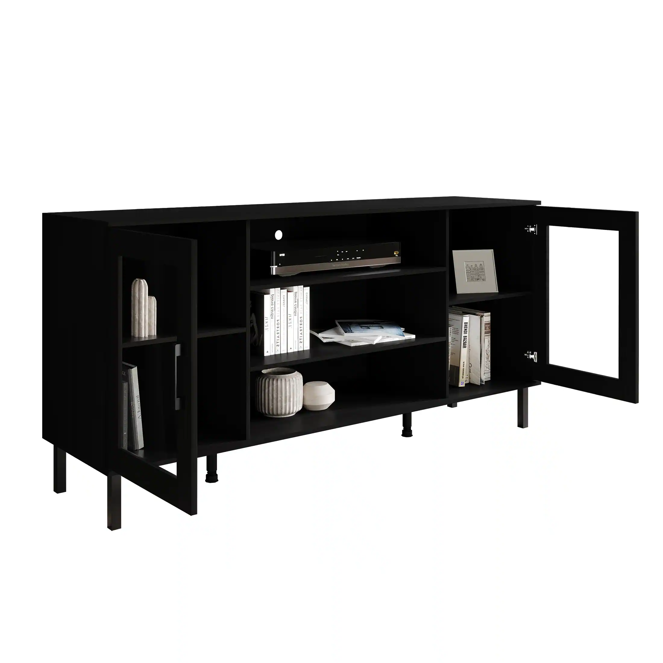 Alt View 1. ChaletPosh - Rustic Farmhouse TV Console with Clear Acrylic Doors and Sleek Black Handles, Black - Black.