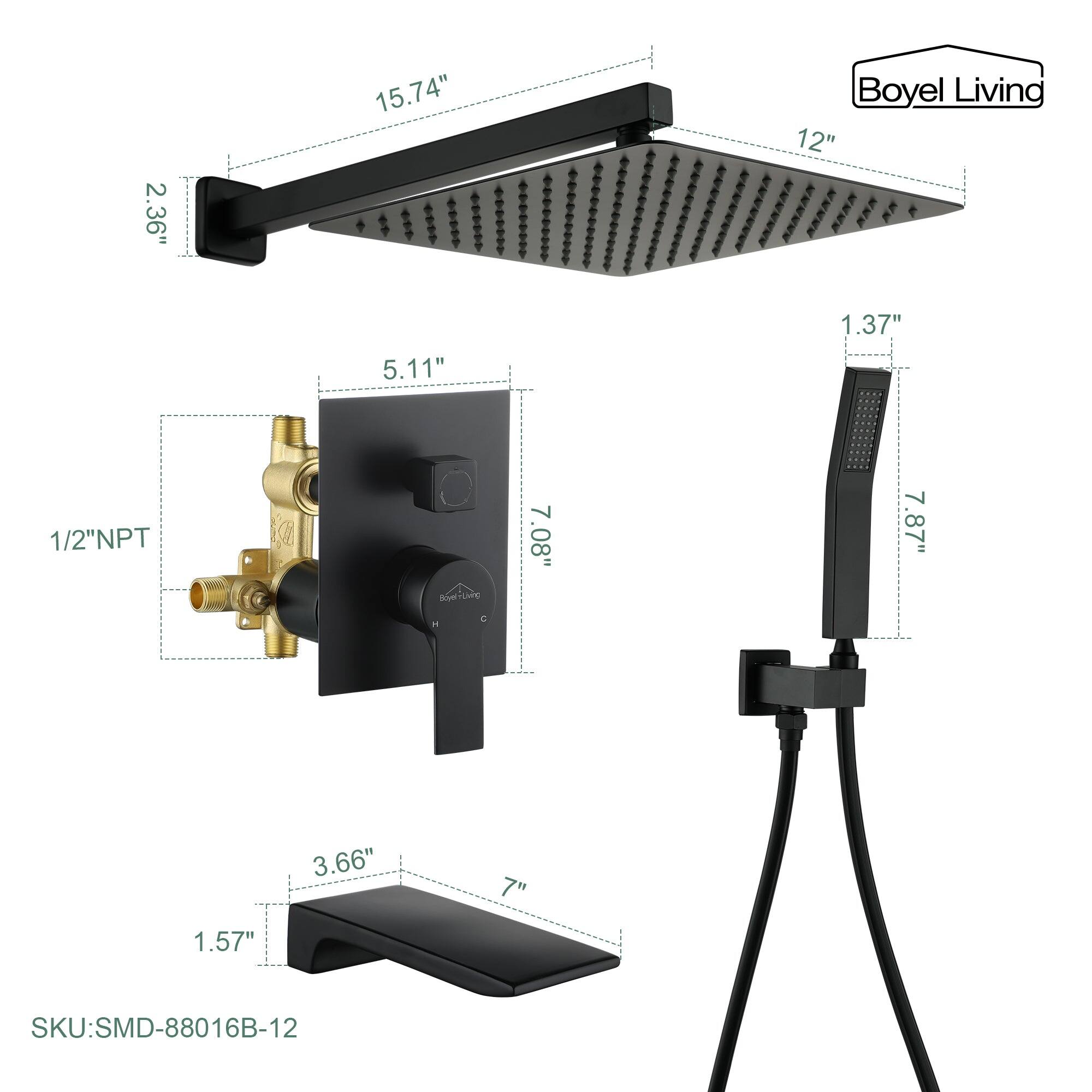 Boyel Living, SKU: SMD-88016B-12, 1/2"NPT, 15.74", 2.36", 5.11", 1.37", 7.08", 7.87", 3.66", 7", 1.57"