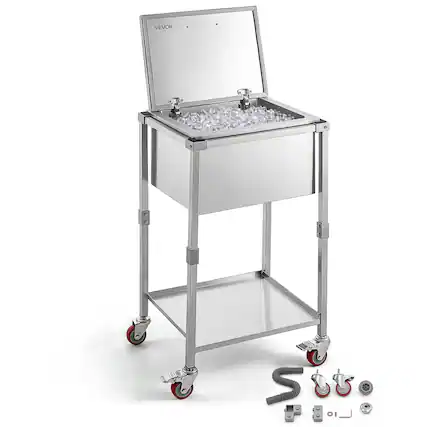 Front. VEVOR - Rolling Ice Chest Cooler Cart Stainless Steel Cooling Bin 57.7 Quart, Outdoor Stand Up Cooler Trolley with Wheels - Silver.