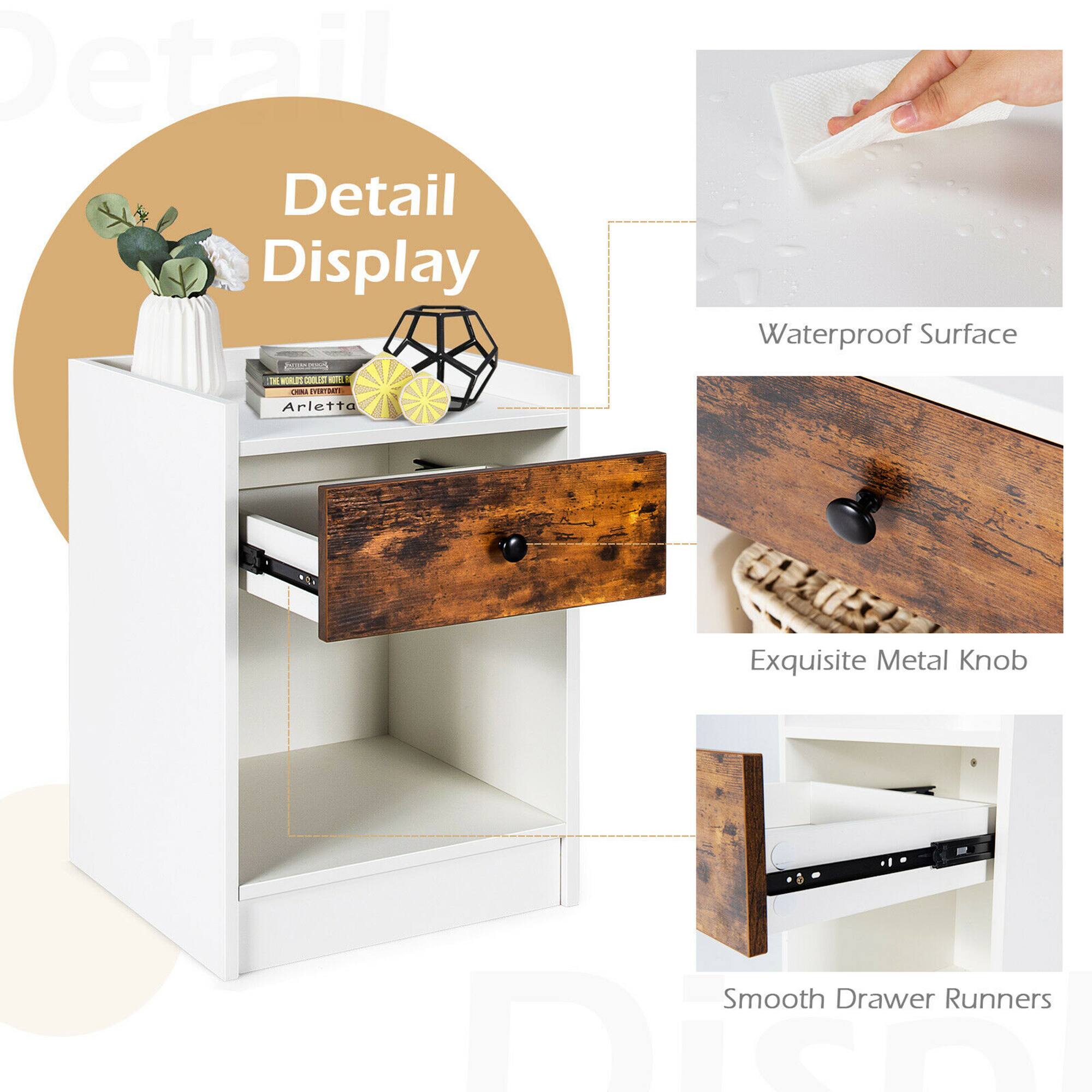 Detail Display: This image showcases a white table with a drawer and a shelf. The table has a waterproof surface and is accompanied by a vase of flowers. The drawer has an exquisite metal knob, and the shelf has a smooth drawer runner. The table also has a book on it, adding to its functionality and aesthetic appeal.