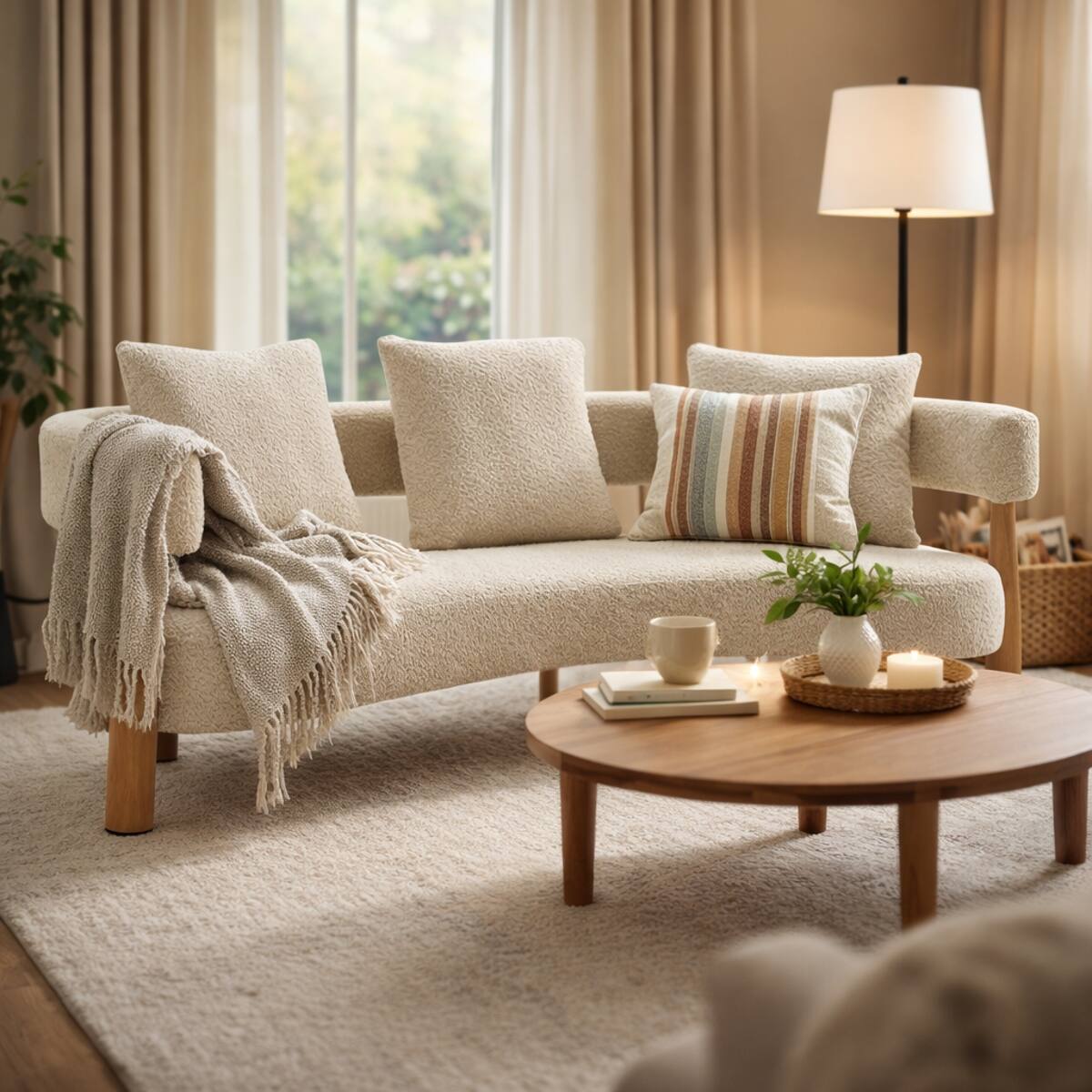 Front. Ropilly - Ropilly 76.5 Inch Curved Boucle Sofa, Modern 3 Seater Upholstered Beige Living Room Sofa - Beige.