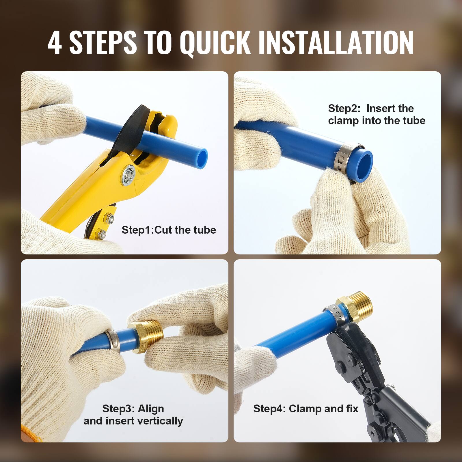 4 STEPS TO QUICK INSTALLATION

Step1: Cut the tube

Step2: Insert the clamp into the tube

Step3: Align and insert vertically

Step4: Clamp and fix