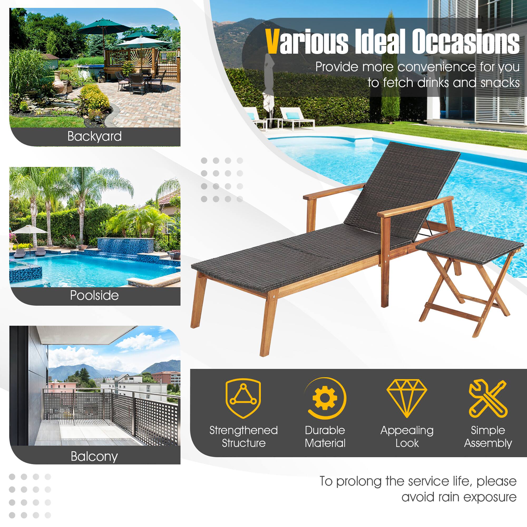 Various Ideal Occasions  
Provide more convenience for you to fetch drinks and snacks  

Backyard  
Poolside  
Balcony  

Strengthened Structure  
Durable Material  
Appealing Look  
Simple Assembly  

To prolong the service life, please avoid rain exposure