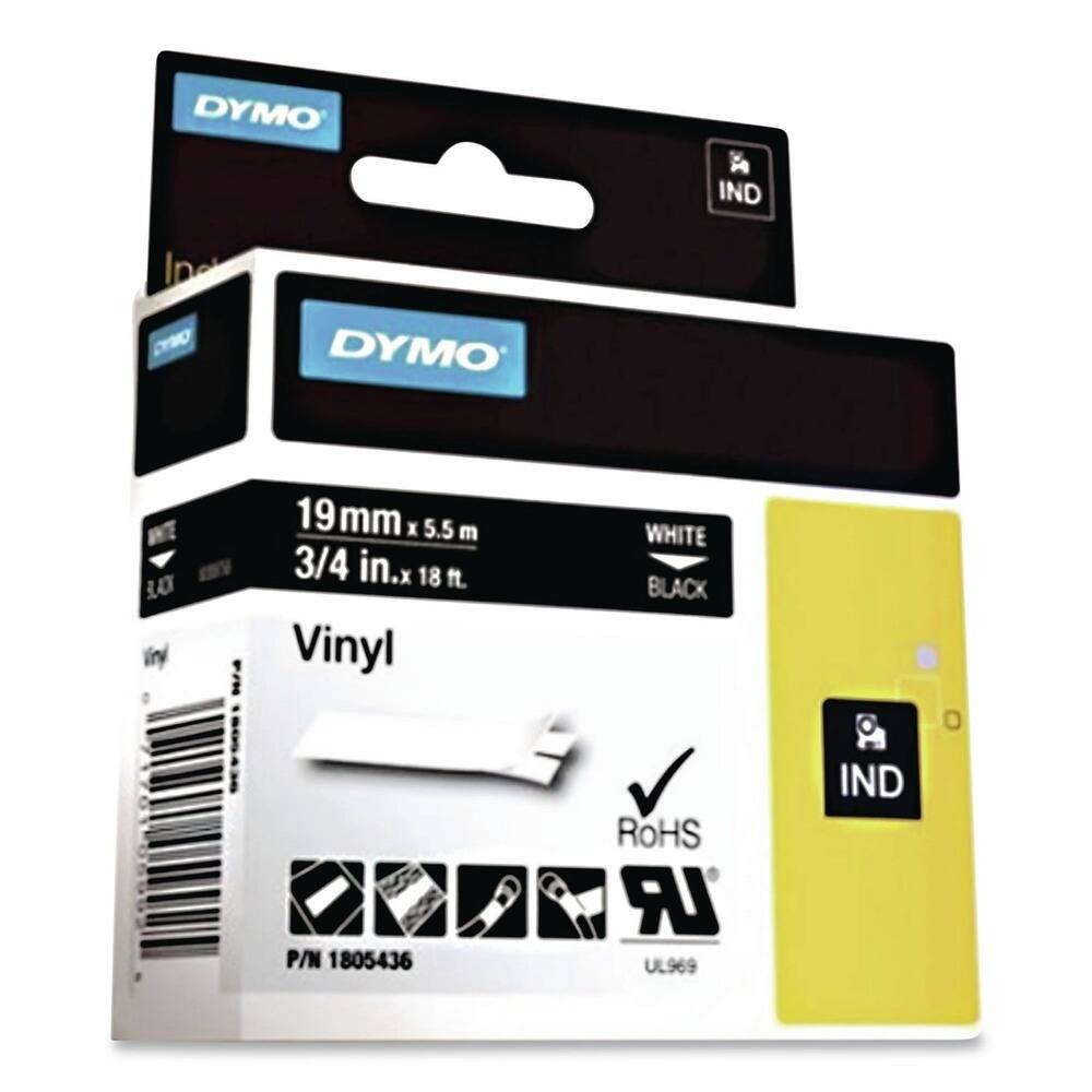 DYMO IND  
19mm x 5.5m  
3/4 in. x 18 ft.  
Vinyl  
WHITE BLACK  
P/N 1805436  
ROHS  
UL969  
IND