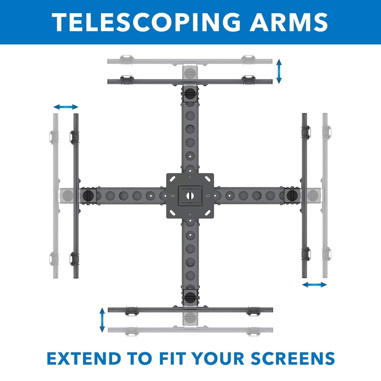 TELESCOPING ARMS EXTEND TO FIT YOUR SCREENS