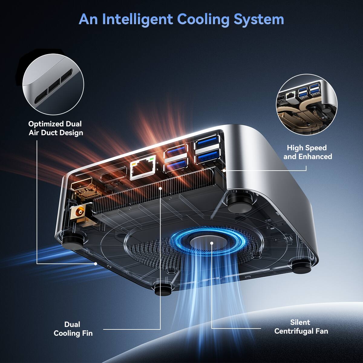 An Intelligent Cooling System

- Optimized Dual Air Duct Design
- High Speed and Enhanced Dual Cooling Fin
- Silent Centrifugal Fan