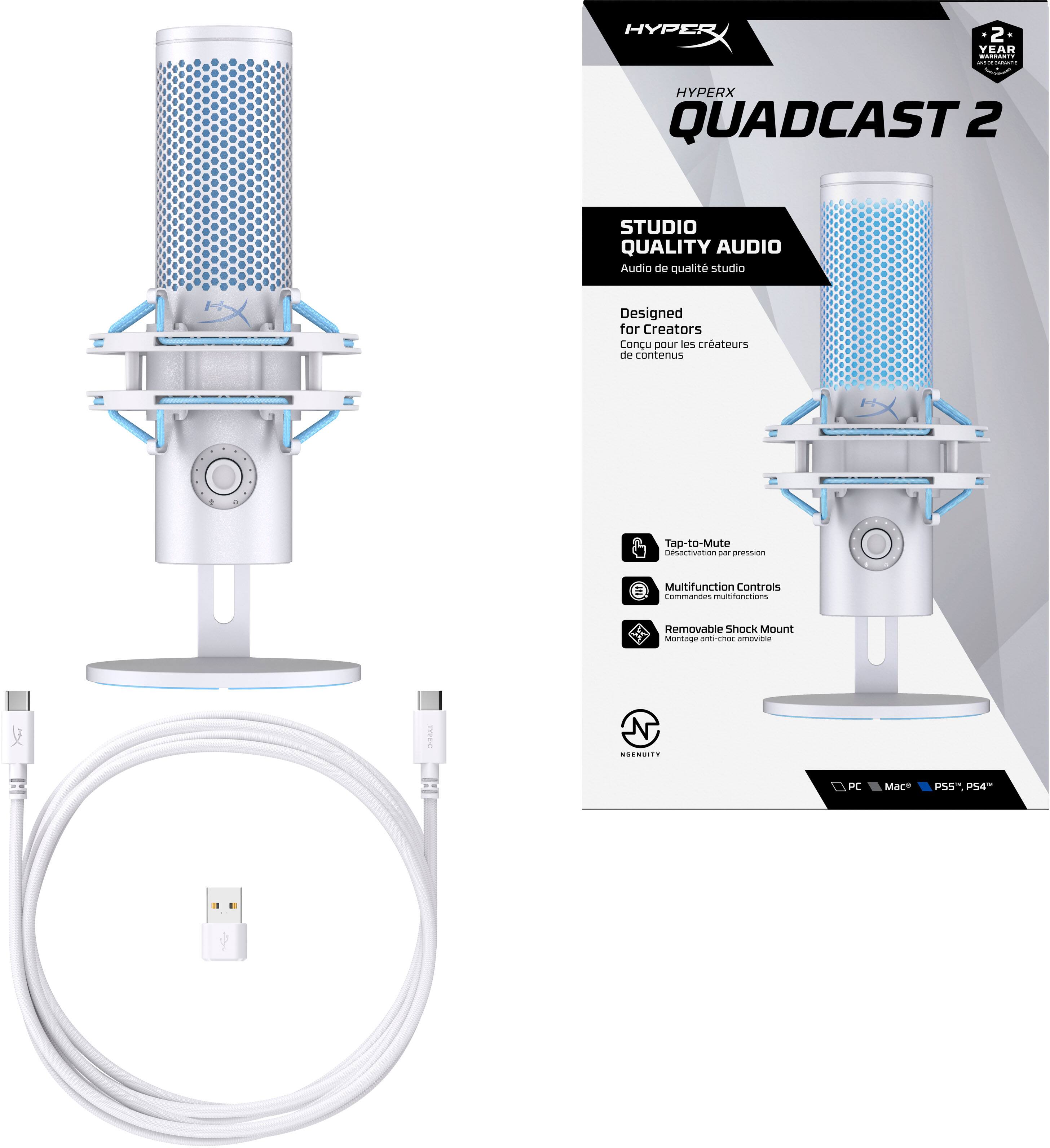 HYPERX QUADCAST 2

STUDIO QUALITY AUDIO  
Audio de qualité studio

Designed for Creators  
Conçu pour les créateurs de contenus

Tap-to-Mute  
Désactivation à l'activation

Multifunction Controls  
Commandes multifonctions

Removable Shock Mount  
Montage anti-choc amovible

PC | Mac | PS5 | PS5 Pro

2 YEAR WARRANTY
