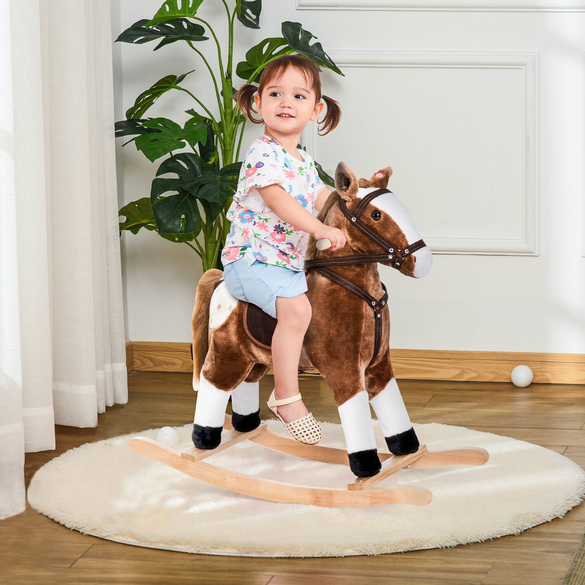 Alt View 7. Siljoy - Kids Rocking Horse Plush Toy with Realistic Sounds, 110lb Capacity, Soft Plush, Brown, Ages 3+ - Brown.
