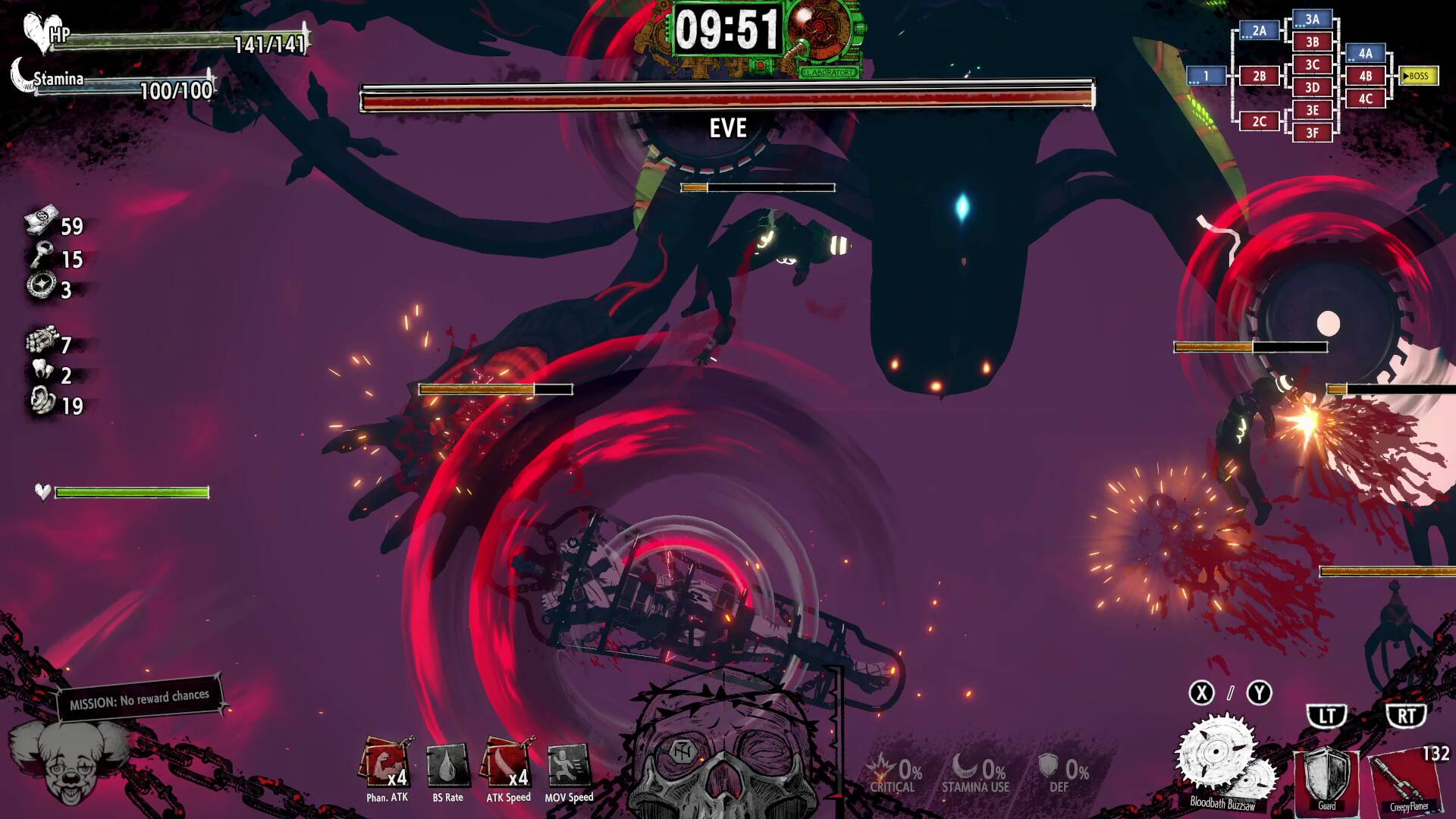 HP: 141/141  
Stamina: 100/100  
Time: 09:51  

EVE  
ATK BS Rate x4  
ATK Speed x4  
MOV Speed x4  

MISSION: No reward chances  
LT RT x4  

Phan. ATK BS Rate x4  
ATK Speed x4  
MOV Speed x4  

CRITICAL: 0%  
STAMINA USE: 0%  
DEF: 0%  

Bloodbeth Buzzsev Goard  
132 Cespy Famer  

59  
15  
3  
7  
2  
19  

8053  
59  
15  
3  
7  
2  
19  

H4  
0%  
0%  
CRITICAL STAMINA USE 0% DEF