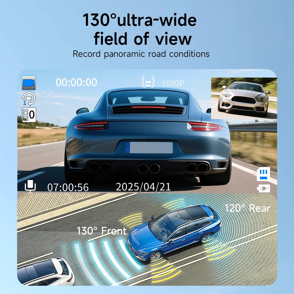 130° ultra-wide field of view  
Record panoramic road conditions  

00:00:00  
1080P  

07:00:56  
2025/04/21  

130° Front  
120° Rear