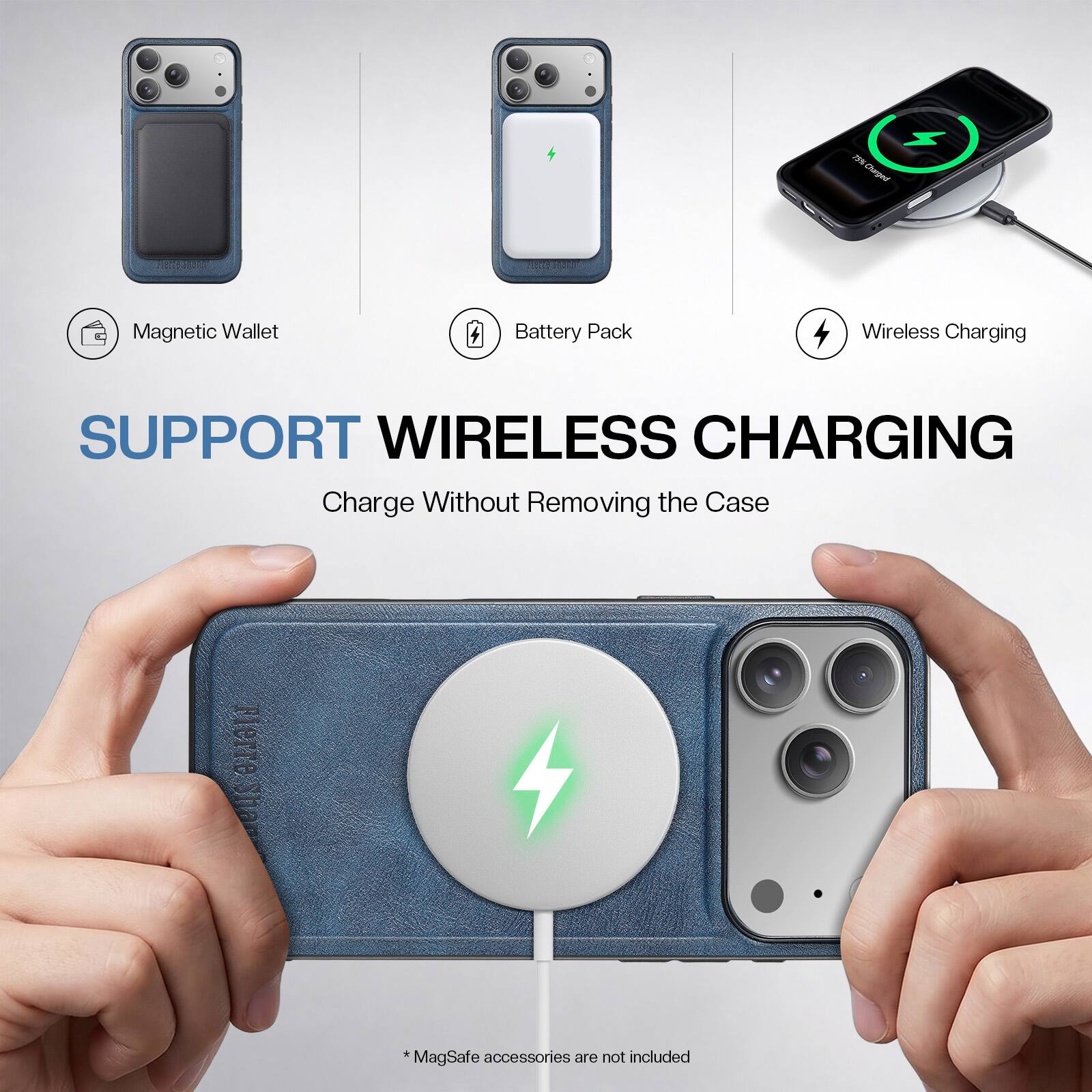 NSI Charged  
Magnetic Wallet  
Battery Pack  
Wireless Charging  
SUPPORT WIRELESS CHARGING  
Charge Without Removing the Case  
*MagSafe accessories are not included